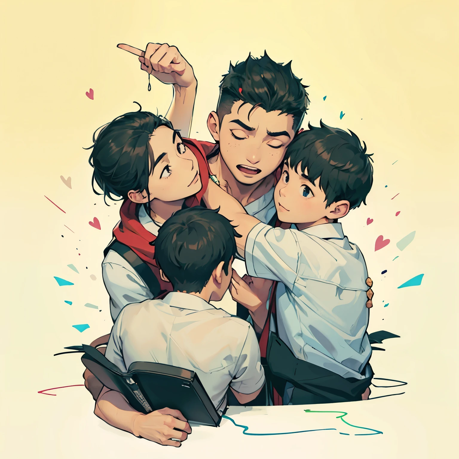 Helpful nudist day care worker、Many elementary school boys hug each other、rejoice out loud、in group photograph、Infirmary beds、From  above