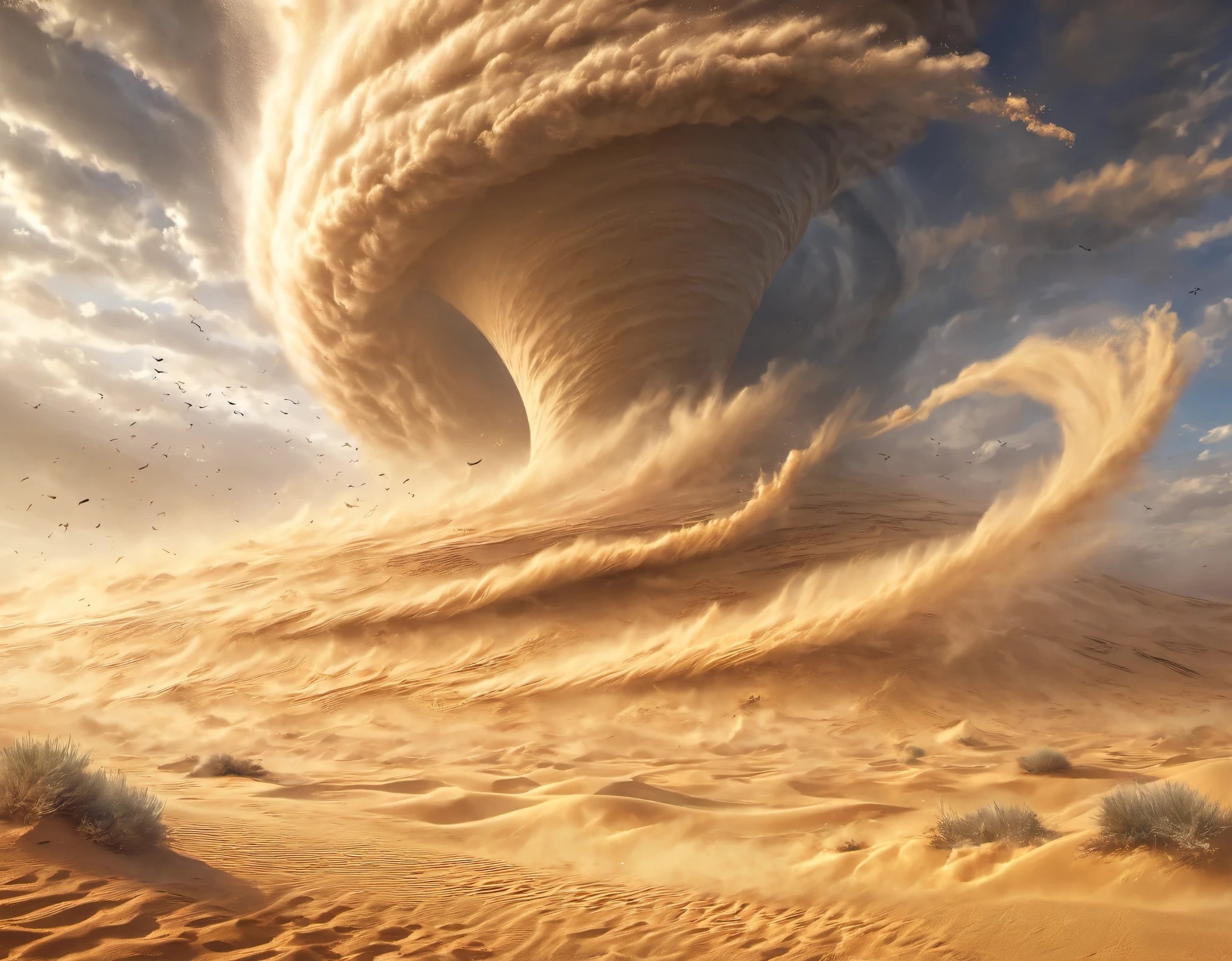 masterpiece, best quality, extremely detailed, hyperrealistic, photorealistic, desert, tornado rolled up the yellow sand and covered the sky, dust effect, floating, sandstorm, tornado, strong wind, wave