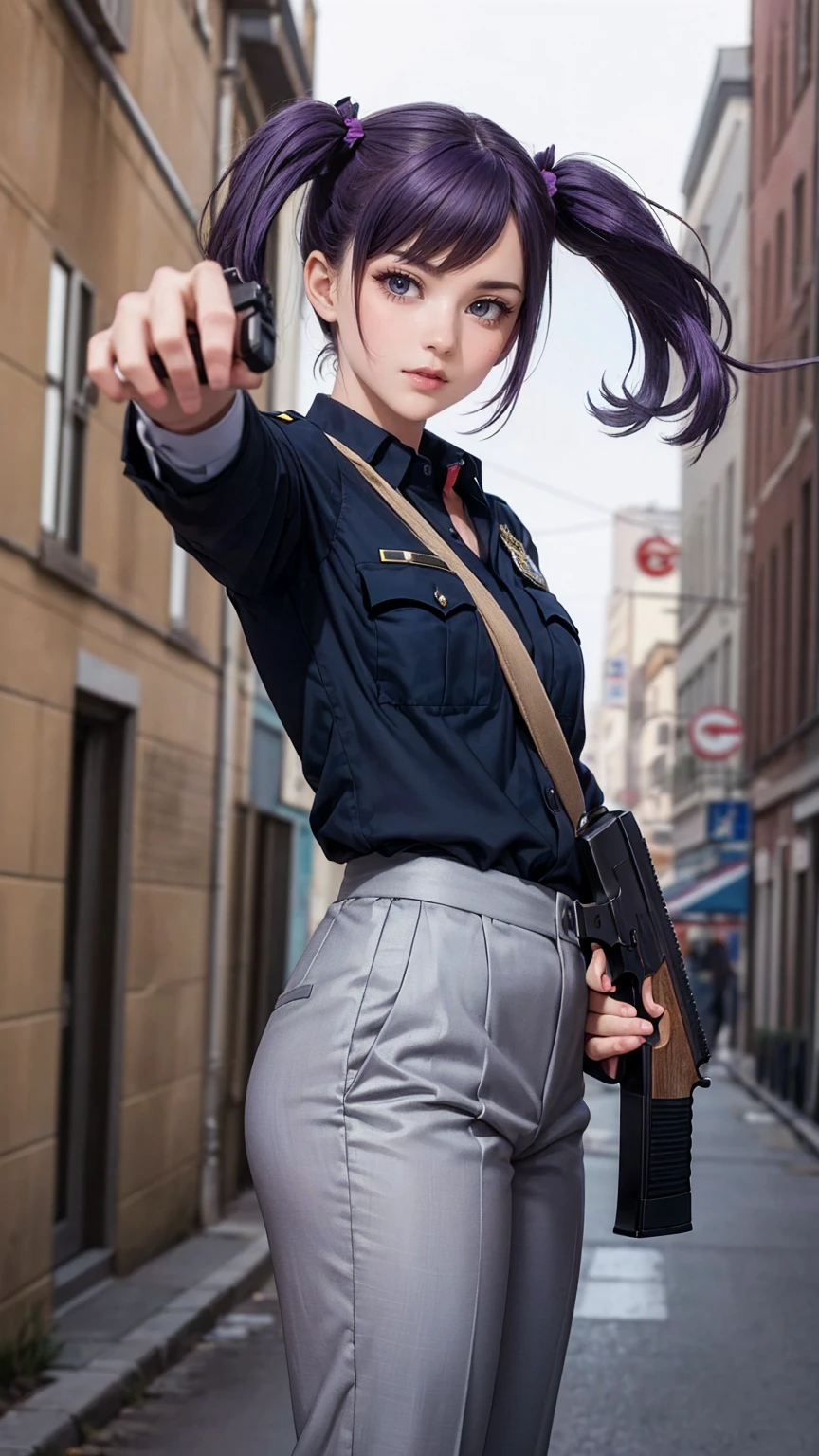 ((masterpiece)), ((highest quality)), ((High resolution)), 1 girl, alone, police officer, (matching pants, slacks), urban background, (Aim with a pistol, detailed pistol, glock 22, trigger discipline), Are standing, medium hair, (purple hair, twin tails), (green eyes),