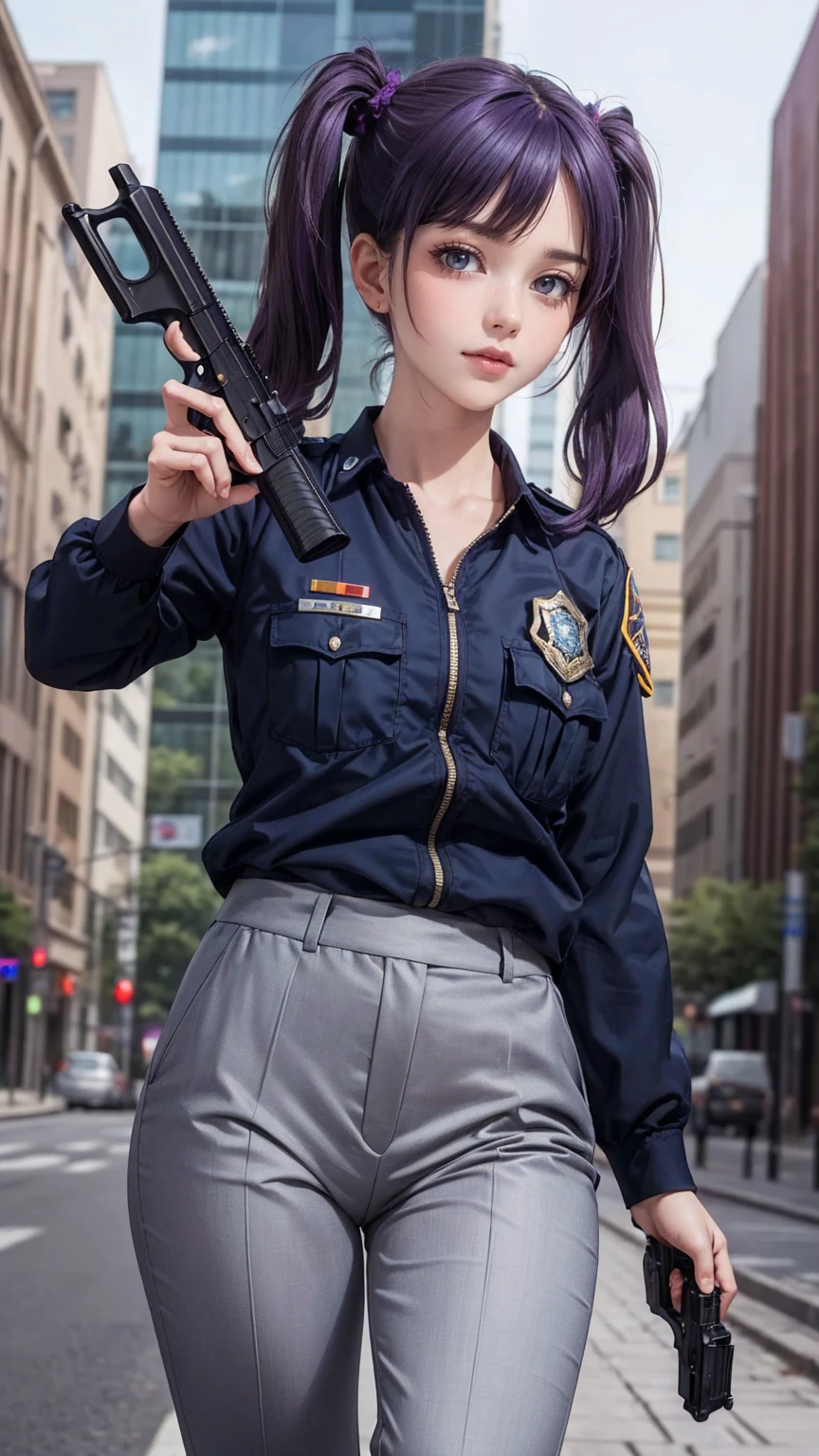 ((masterpiece)), ((highest quality)), ((High resolution)), 1 girl, alone, police officer, (matching pants, slacks), urban background, (Aim with a pistol, detailed pistol, glock 22, trigger discipline), Are standing, medium hair, (purple hair, twin tails), (green eyes),