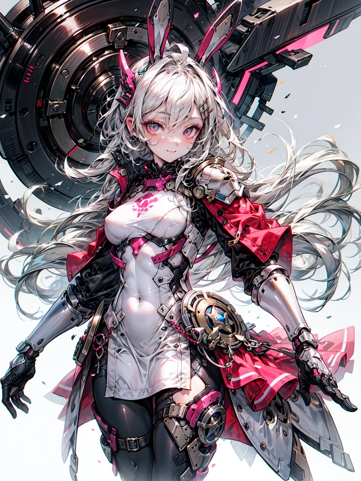 Bunny ears,  mechanic, Machine body,, ultra get used to it, masterpiece, highest quality, beautiful, get used to it,, strict, 1 girl, (White eyes:1.1), (gray eyes:1.3), gray hair, とてもlong hair, parted hair, parted bangs, medium breasts,, valkyrie, (body suit:1.1), pink wing hair ornament, grey armored skirt, black body suit, armor, gauntlet, Pink breastplate, greaves, armored dress, shades of pink, break、（dark elf), (1 girl), alone, perfect face, それにget used to it, Ahoge, ((long hair:1.2)), (hair above one eye:1.3), [[messy hair]], Shiny blonde white hair, purple eyes, multicolored eyes, colorful hair, shining eyes, (eyelash, eye shadow, pink eye shadow), bright, smile, design art by Mikimoto Haruhiko, by Kawashi, By Yoshitaka Amano