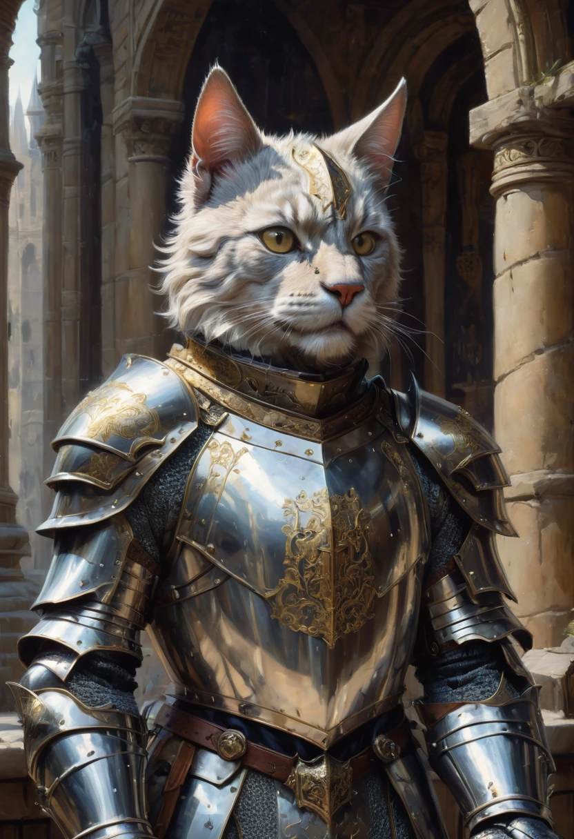 Cat Knight, by james gurney, best quality, masterpiece, very aesthetic, perfect composition, intricate details, ultra-detailed