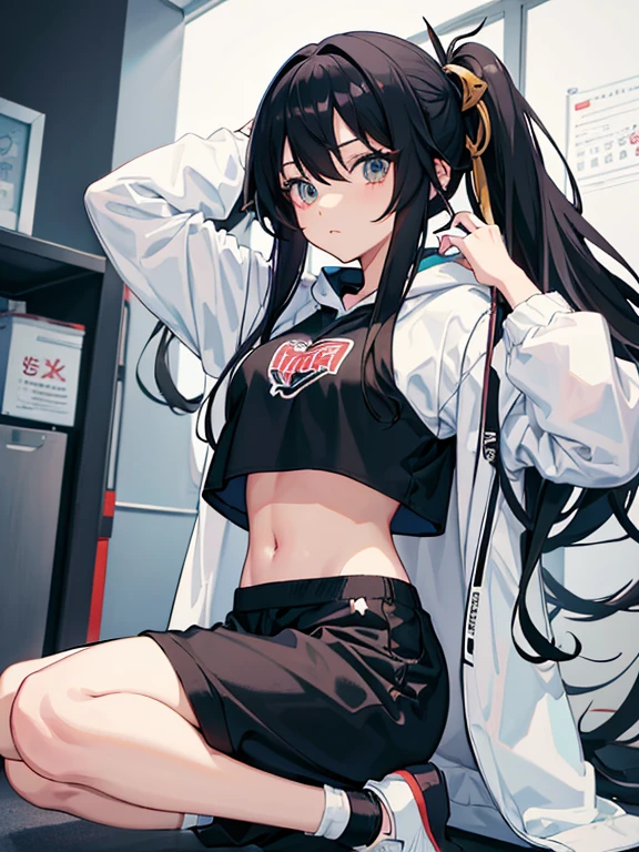 anime girl with long black hair and a white hoodie, black training pants,an anime drawing by Shitao, pixiv, shin hanga, black haired girl wearing crop top hoodie, anime moe artstyle, anime visual of a cute girl, (anime girl), anime girl with long hair, cute anime girl, ilya kuvshinov with long hair, an anime girl, anime girl