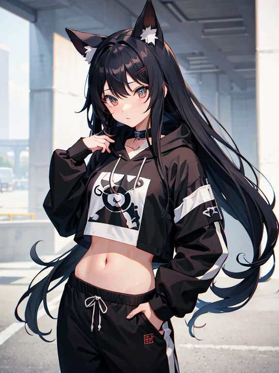 Anime girl with long black hair and a white hoodie black training pants SeaArt AI