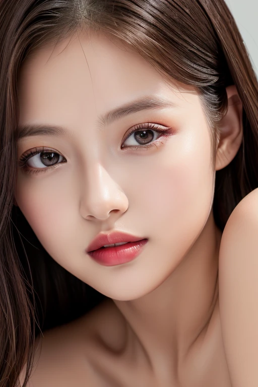 (highest quality、table top、8K、best image quality、Award-winning work)、(one young girl, 14 years old:1.3)、(red eyeshadow:1.2)、perfect makeup、long eyelashes、Super high-definition sparkling eyes、ultra high definition hair、ultra high resolution glossy lips、Super high resolution perfect teeth、Super high resolution cute face、brown hair、(very long straight hair:1.1)、look at me and smile、[clavicle]、accurate anatomy、(close up of face:1.5)、Luxury love hotel、(The most moody warm lighting:1.2)、blurred background、Super high-resolution glossy and moisturized face、Super high resolution glowing skin、most detailed face、Ultra high resolution detailed faces、ultra high resolution hair、Super high resolution sparkling eyes、Beautiful face drawn in every detail、Super high resolution glossy red lips、(((Naked 1.5)))、(((full nude 1.5)))、(Emphasize the chest1.5)、