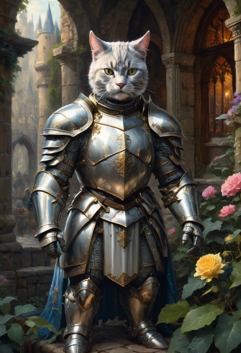 Cat Knight, by Thomas Kincaid, best quality, masterpiece, very aesthetic, perfect composition, intricate details, ultra-detailed