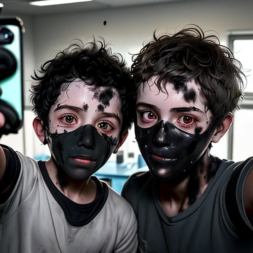 two boys, Scratched and covered in soot, Taking a selfie after being caught in an explosion in a science lab