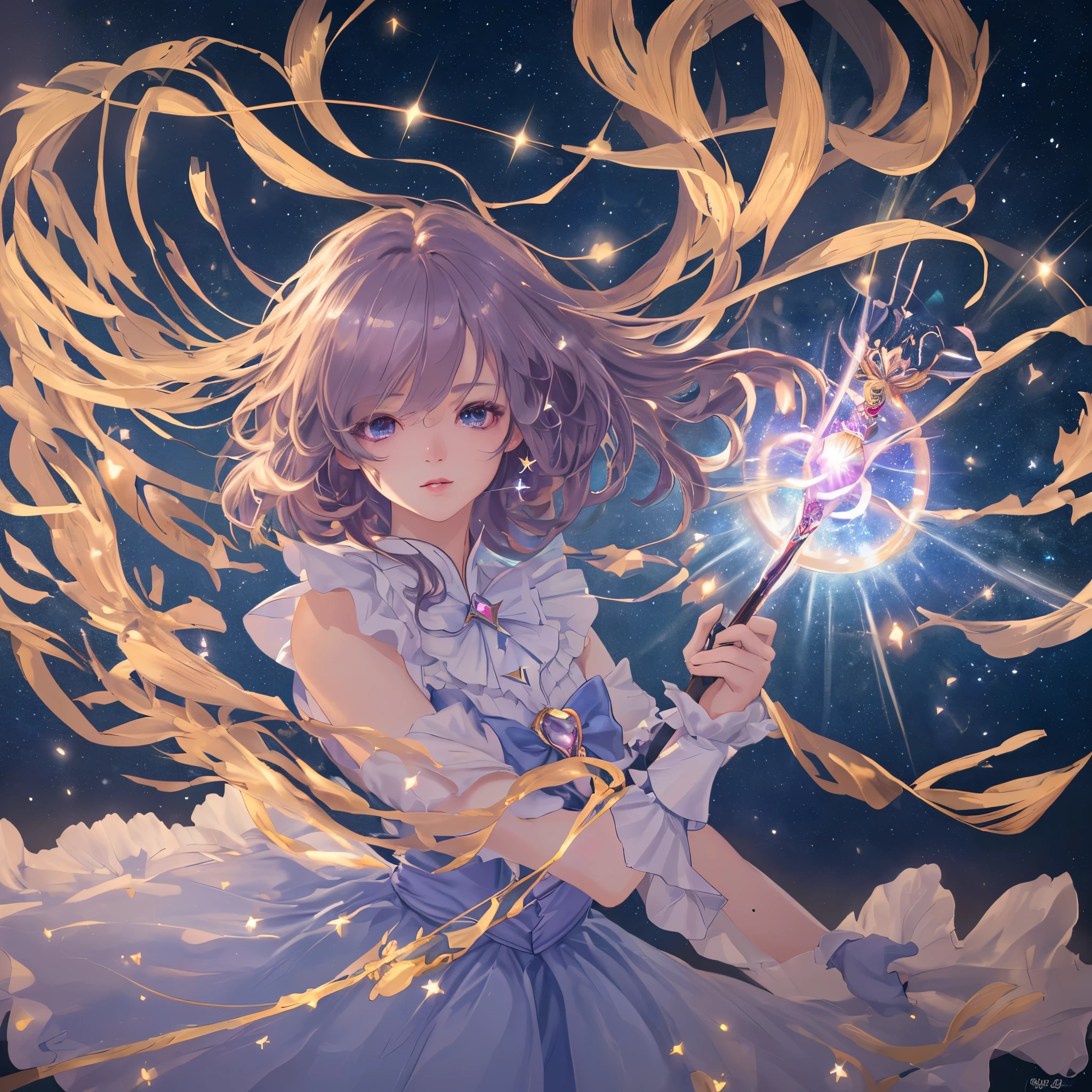 (8K high resolution, Hyper Realistic, Natural lighting, portrait effect, ultra photography) A magical girl carrying a magic wand is looking at the starry night sky