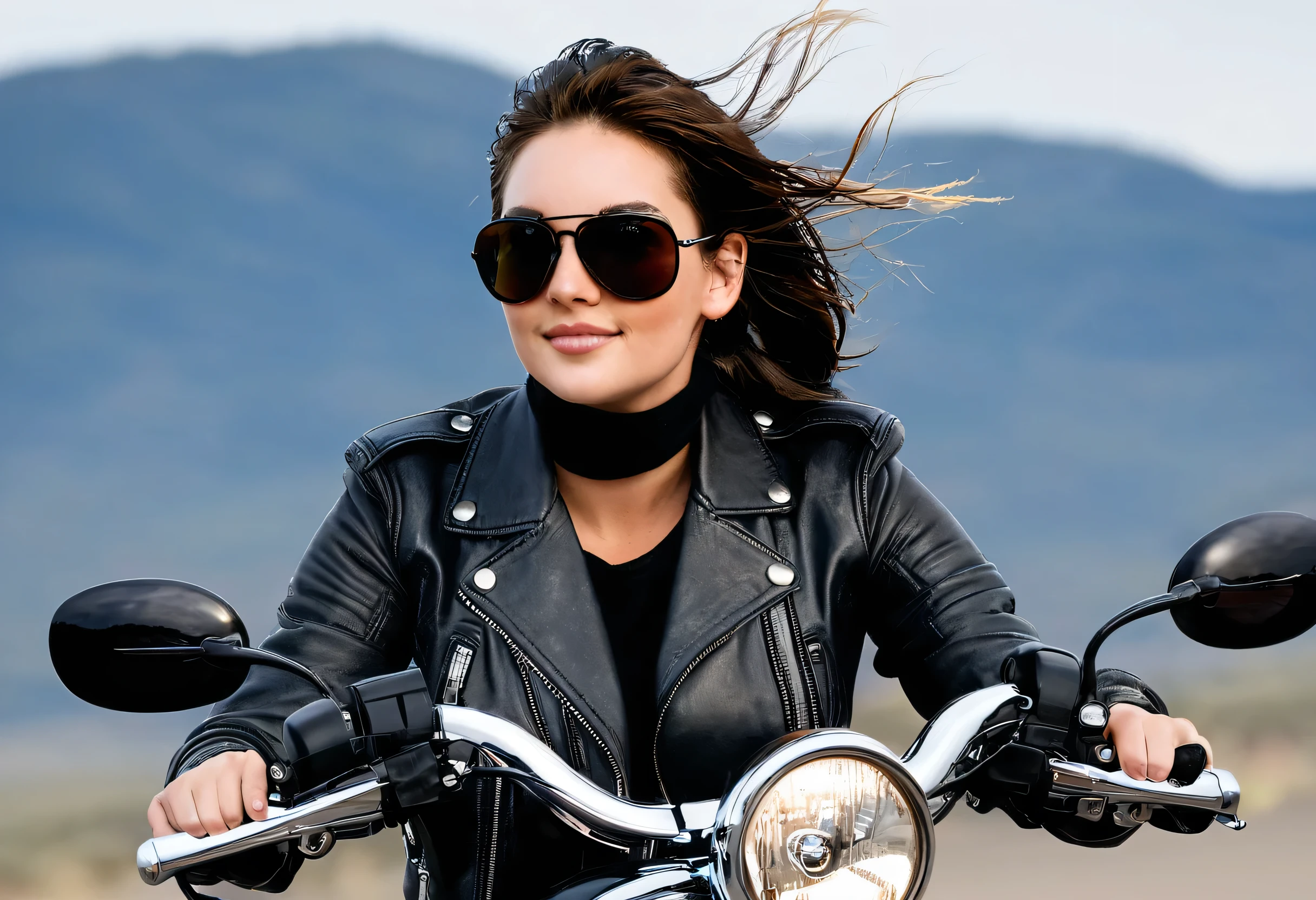 female rider, Kate, 23 y.o. with aviator sunglasses riding on a black Harley-Davidson motorcycle