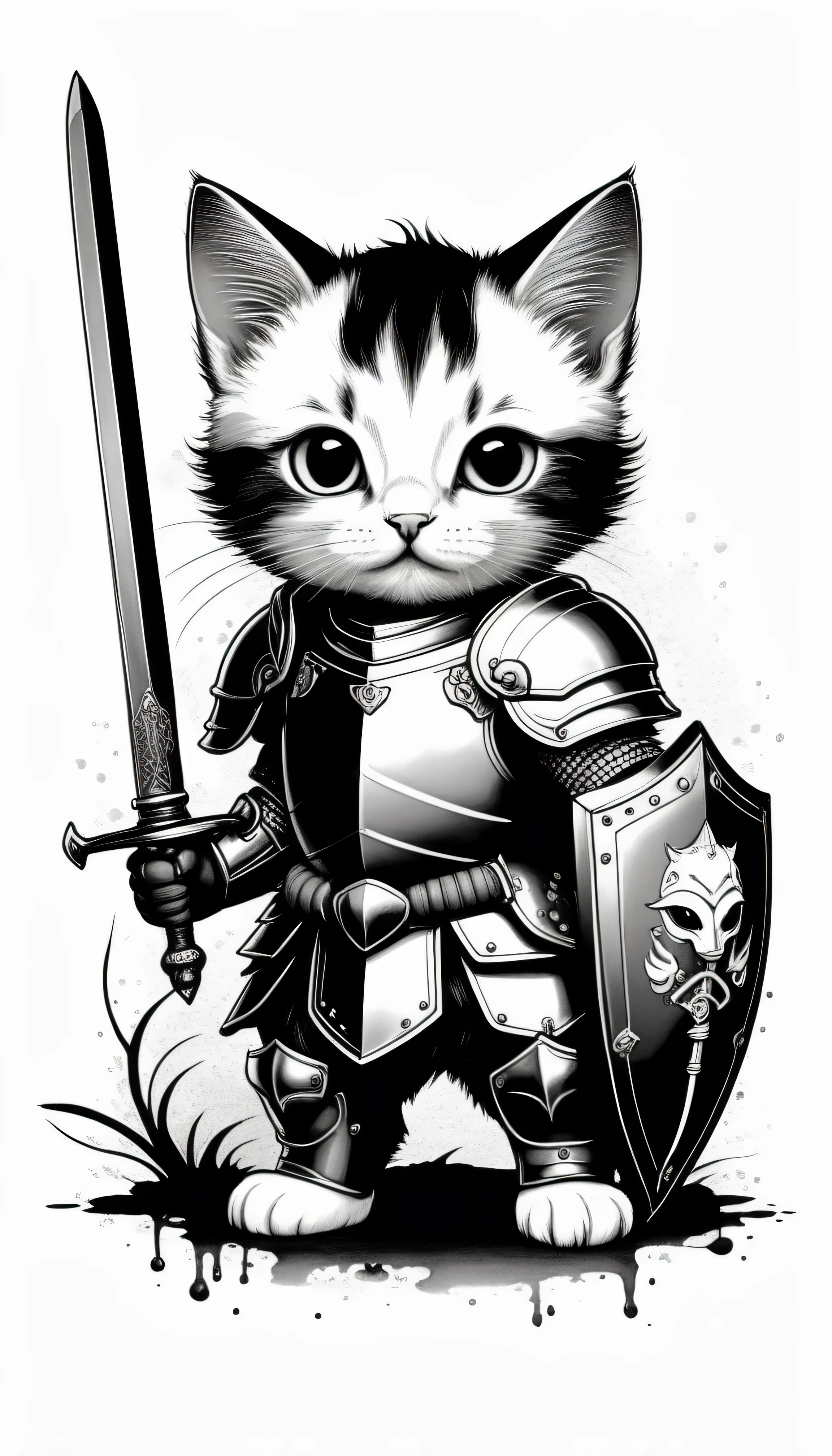 ((best quality)) , ((masterpiece)) , (detailed) ，black and white tattoo design of an adorable baby cat knight in full armor with sword, shield that has the fish symbol on it, simple linework, stencil style, black ink on paper, simple line setups, high contrast shading, bold lines, cute cartoonish designs, gothic art, dark background, clean edges, in the style of Tsutomu Nihei
