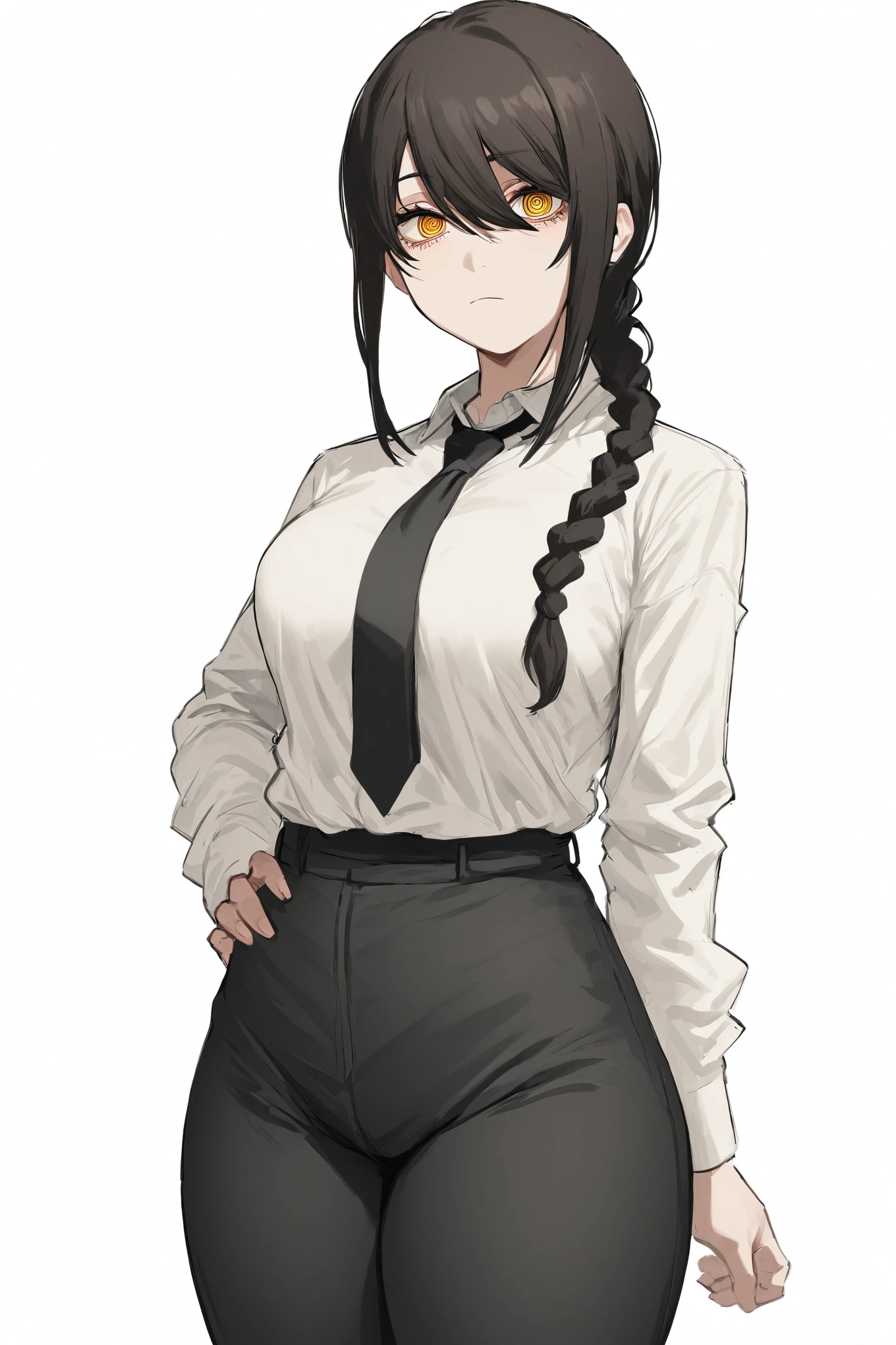 Nayuta\(chainsaw man\), necktie, large breasts, solo, looking at viewer, thick thighs, black skirt, hand on hip, pants, yellow eyes, 1girl, white shirt, braided ponytail, ringed eyes, high-waist pants, shirt, braid, shirt tucked in, simple background, white background, black necktie, collared shirt, 1girl, solo,standing_split
