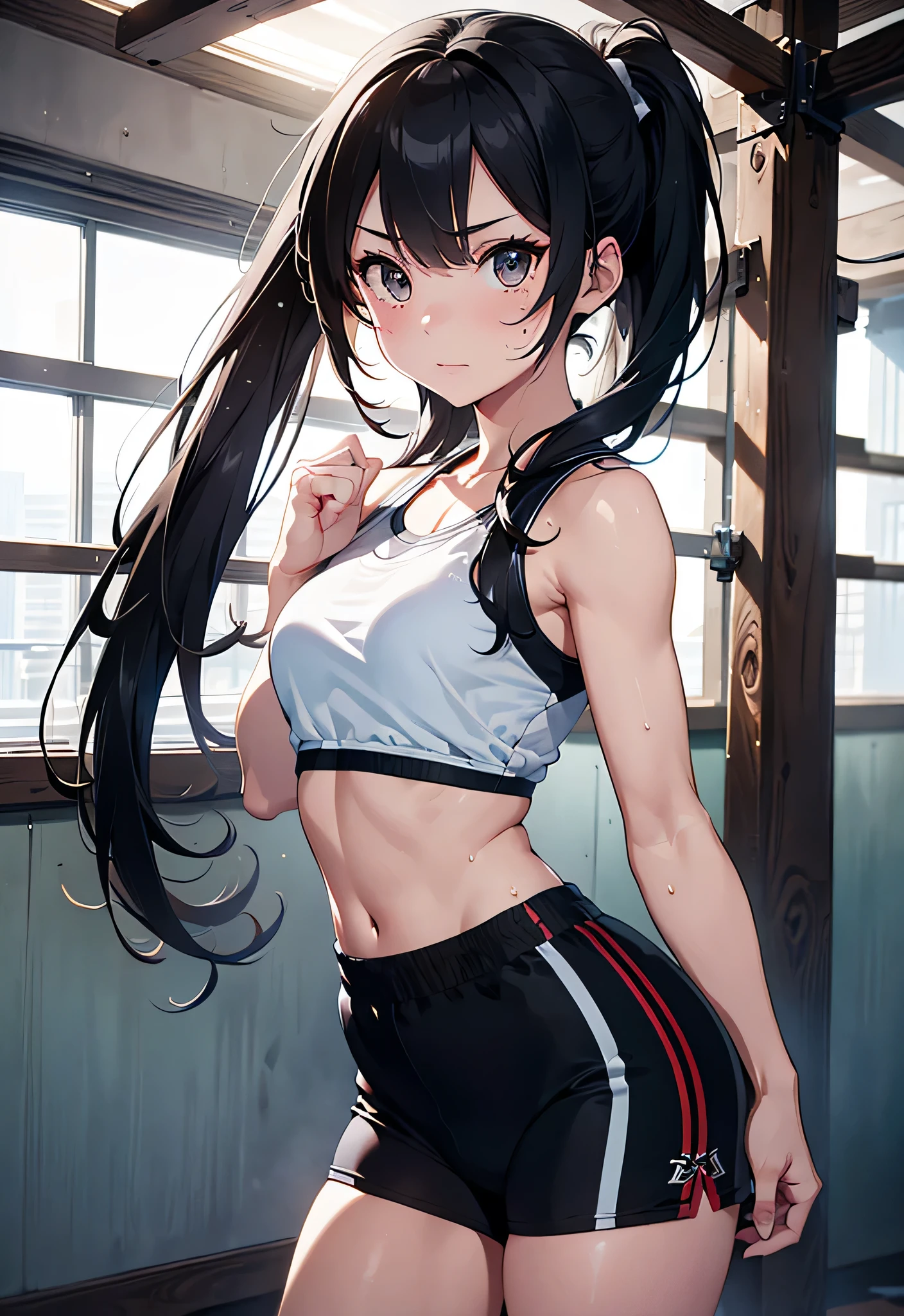 arurinh, (blushing)) ((blushing)), waist up, aberdes, long straight lift hair, dynamic pose, modelshoot: photoshoot, HD, high contrast, sharp image, mastery, mouth closed, balanced eyes, CG render, small skull, clavicle detail, (best quality detail: 1.2), realistic, 8K ultra-fine, high quality texture, fine texture, fine detail, high detail, extremely detailed CG, high quality shadows, beautiful and delicate eyes, freedom, beautiful woman, smaller breasts, tall, blurred background, lime-colored gym clothes,