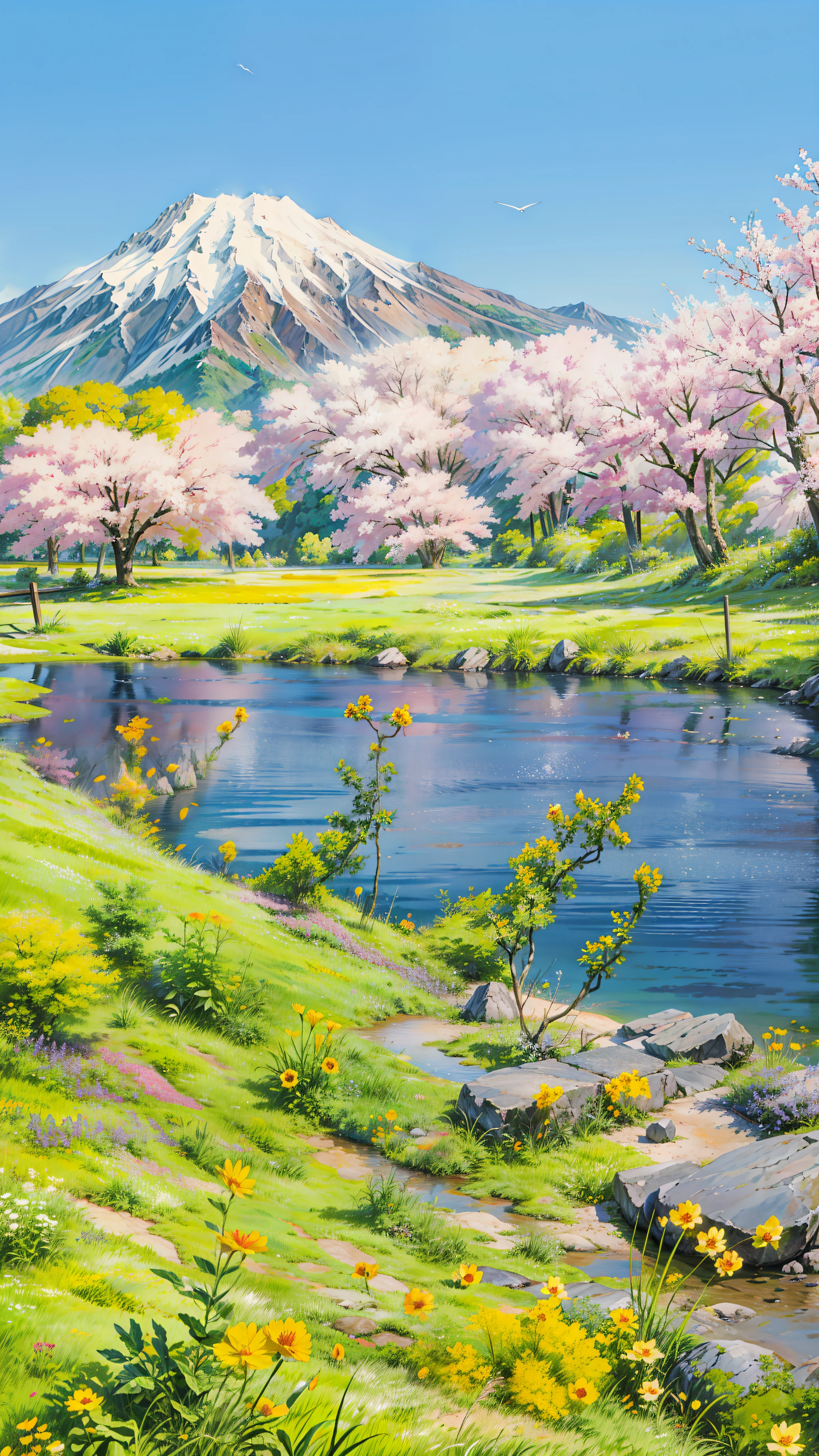  a  river with yellow flowers and a mountain in the background, japan nature, beautiful iwakura, japan deeper travel exploration, japan travel and tourism, aomori japan, heroine japan vivid landscape, beautiful flowing feeling, scenic view of river, anime nature, beautiful composition 3 - d 4 k, countryside in japan, japanese countryside, lush japanese landscape, blossoming rhythm,  4k hd,, beautiful art uhd 4 k, a beautiful artwork illustration, beautiful digital painting, highly detailed digital painting, beautiful digital artwork, detailed painting 4 k, very detailed digital painting, rich picturesque colors, gorgeous digital painting