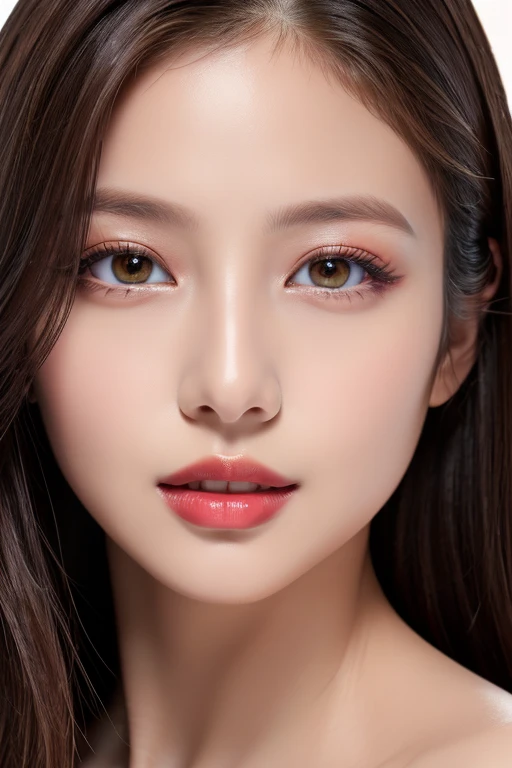 (highest quality、table top、8K、best image quality、Award-winning work)、(one young girl, :1.3)、(red eyeshadow:1.2)、perfect makeup、long eyelashes、Super high-definition sparkling eyes、ultra high definition hair、ultra high resolution glossy lips、Super high resolution perfect teeth、Super high resolution cute face、brown hair、(very long straight hair:1.1)、look at me and smile、[clavicle]、accurate anatomy、(close up of face:1.5)、Luxury love hotel、(The most moody warm lighting:1.2)、blurred background、Super high-resolution glossy and moisturized face、Super high resolution glowing skin、most detailed face、Ultra high resolution detailed faces、ultra high resolution hair、Super high resolution sparkling eyes、Beautiful face drawn in every detail、Super high resolution glossy red lips、(((Naked 1.5)))、(((full nude 1.5)))、(Emphasize the chest1.5)、
