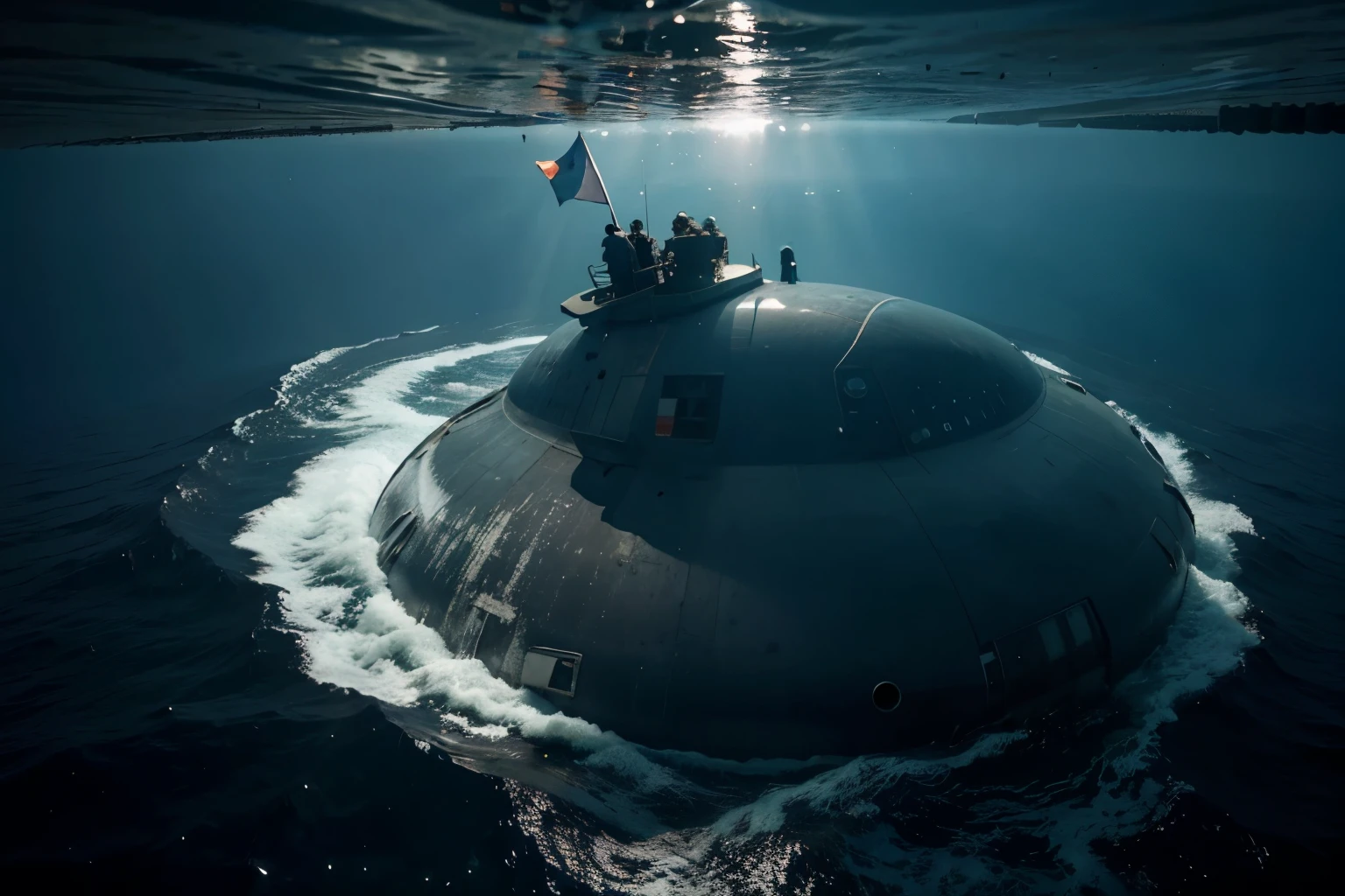 arafed submarine in the water with people on board, in a nuclear submarine, attacked submarine in background, giant submarine, submarine in background. dark, submarine, by Alexander Kucharsky, beached submarine, by John Murdoch, at inside of a future submarine, by Boris Vladimirski, by Artur Tarnowski, by John Moonan