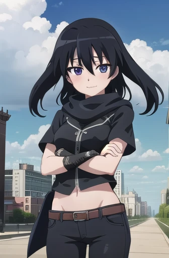 agkkurome, kurome, longer hair, black hair, (black eyes:1.3), hair between eyes, cute face, smile, blush
BREAK jeans, black shirt, hoodie, scarf, arm warmers, arms crossed
BREAK city, sky, clouds, palace courtyards
BREAK looking at viewer, (cowboy shot:1.5), wind, wind blowing
BREAK (masterpiece:1.2), best quality, high resolution, unity 8k wallpaper, (illustration:0.8), (beautiful detailed eyes:1.6), extremely detailed face, perfect lighting, extremely detailed CG, (perfect hands, perfect anatomy)
