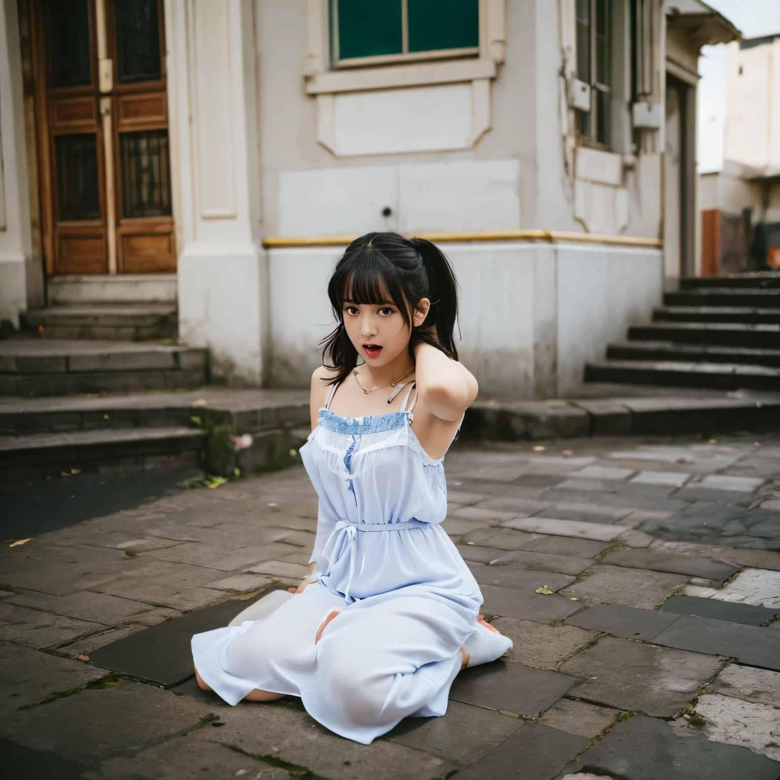 Sitting in the middle of an abandoned 3D rendered men's toilet，Devastated，Broken doors and windows，The ground is a mess，junk，junk，junk，Transparent Hanfu，Cloudy white liquid covering，facing at camera，Exquisite and perfect facial features，Long eyelashes，The eyes are sweet and there are lying silkworms，Delicate and perfect human body structure，s the perfect face，Extreme picture quality，Highest accuracy，Barefoot，Spread your legs，junk，