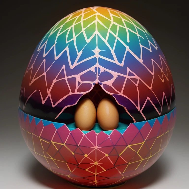 1. An egg decorated with vibrant colors and geometric patterns