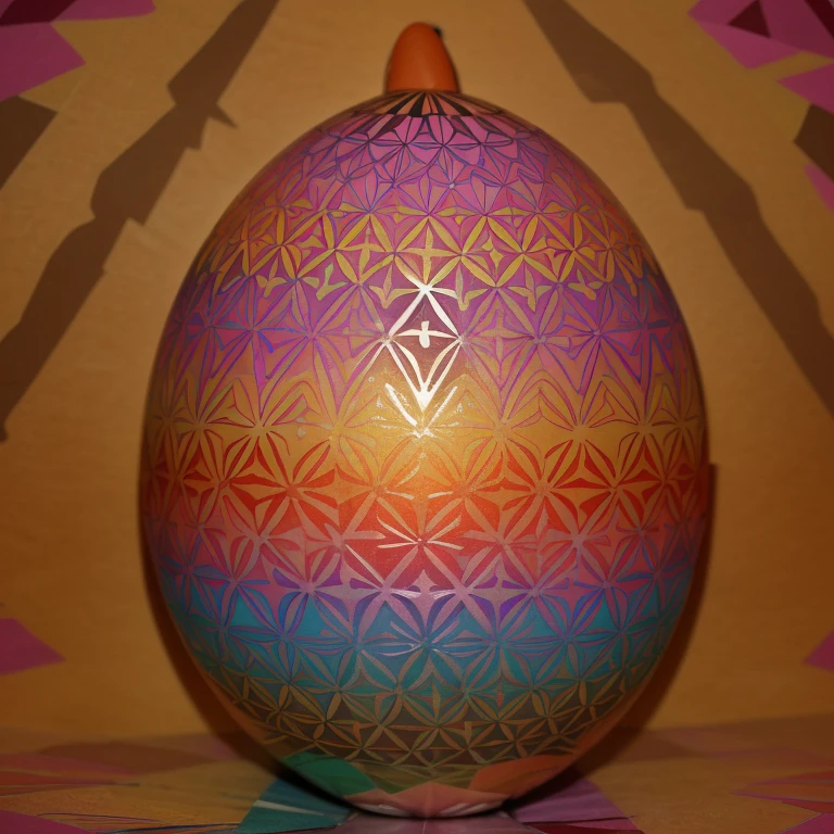 1. An egg decorated with vibrant colors and geometric patterns 