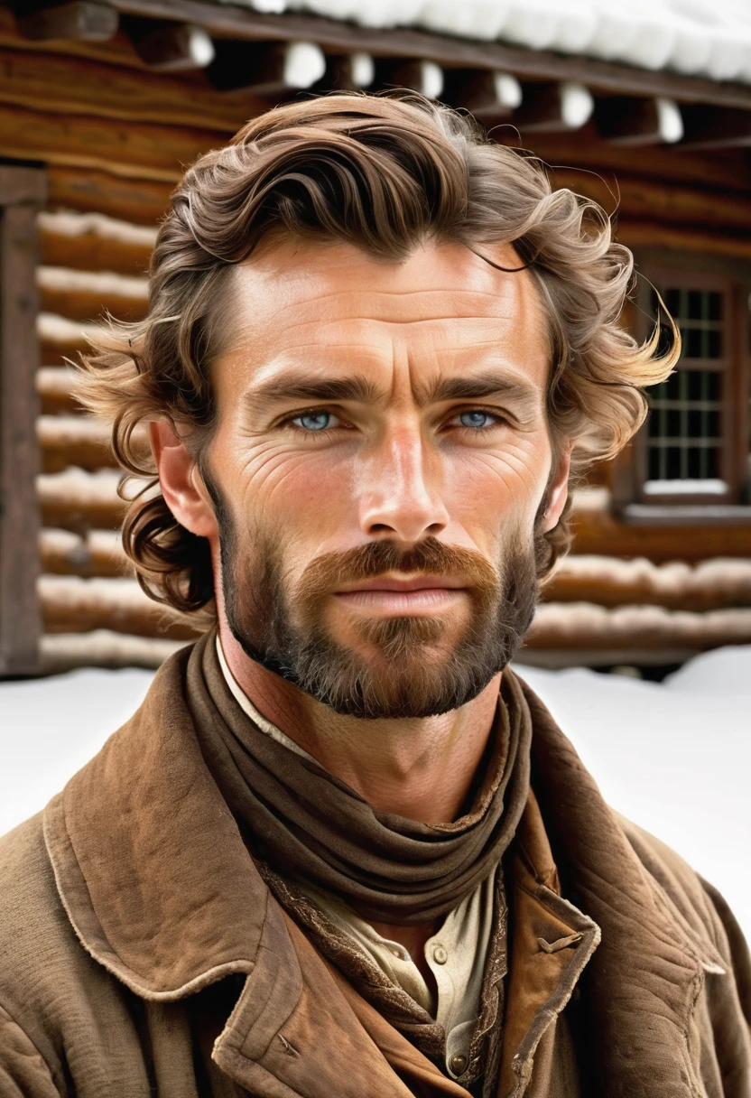 (highly detailed, soft light, photorealistic, dynamic light; cinematic); victorian era; 1820s; 37 years old man; German; 1820s gentleman; leadership figure; strikingly handsome; confident and intensely alluring; wild man aesthetic; defined cheekbones; defined strong jawline; longer chin; handsome face; strapping; tough but romantically interested expression; masculine face with several scars; charismatic; grizzled; sensual; strong aristocratic nose; manly passionate air; very attractive; burly broad stature; broad strong shoulders; ruddy weathered skin; long stubble beard; natural light-blue eyes; thick strong chestnut-brown eyebrows; carefully-shaped 1820s sideburns; 1820s old thick brown coat; short straight chestnut-brown hair in 1820's hairstyle; full firm masculine lips; standing in a cosy log cabin during a snowy day in 1820's Canada; looking at camera