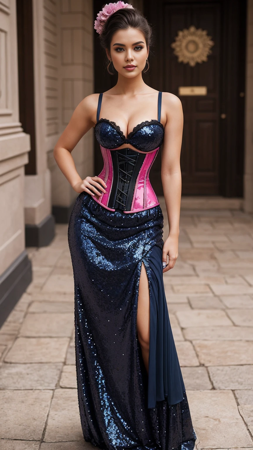 young woman in 80s style shiny teal satin prom dress, bolero jacket, short ruffled skirt with train, fitted corset bodice, high heels, standing , legs tied to spreader bar, hands behind back, basement, bed, pillory, chained