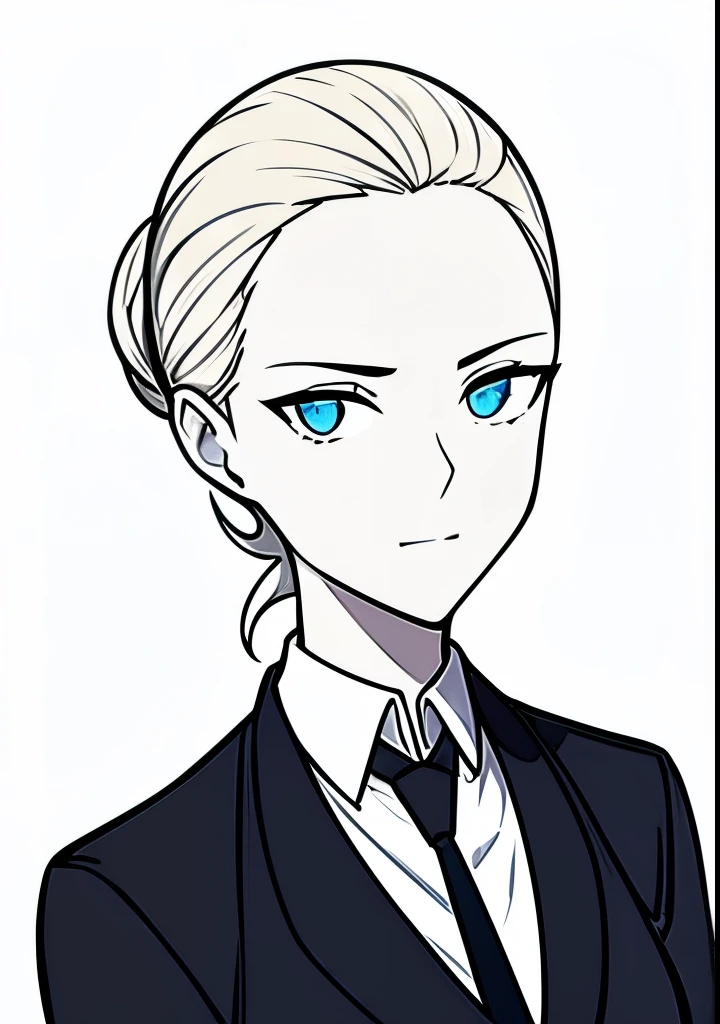 One Young Adult female, pale blonde slicked back into a short ponytail with a single bang on the left hand side, steel blue eyes, light and carefree expression, wearing black suit jacket and tie, portrait style, facing forwards
