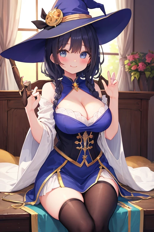 ((Tabletop, highest quality, High resolution, , Pixel Perfect, 4K, ))), Beautiful woman,, alone, beauty、The whole body is visible、 (((Sexy Witch Cosplay), Long dark blonde wavy hair、Off-the-shoulder jacket,　Dark blue flared skirt、Witch Hat、 bangs,、Black knee-high stockings、)), ((Brown eyes, Beautiful eyelashes, Realistic eyes)), ((Detailed face, Blushing:1.2)), ((Smooth texture:0.75, Realistic texture:0.65, Realistic:1.1, Anime CG Style)), Center of chest, Dynamic Angle, Perfect body, ((No bra、I can see all my 、Nipples are slightly visible, Pink lace panties)), 、Sit on a chair、、、Very embarrassing panic smile, 、Castle Town Square、( 、、、、)、Angle from below