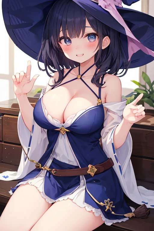 beautiful illustrations, highest quality, pretty girl,beautiful girl、clear face、 half girl、pastel colour 、smile、blush、にこやかなsmile、thighs、perfect hands、five fingers、witch、magic、fantasy、big breasts、sitting、cleavage、fantasy、dark blue hair