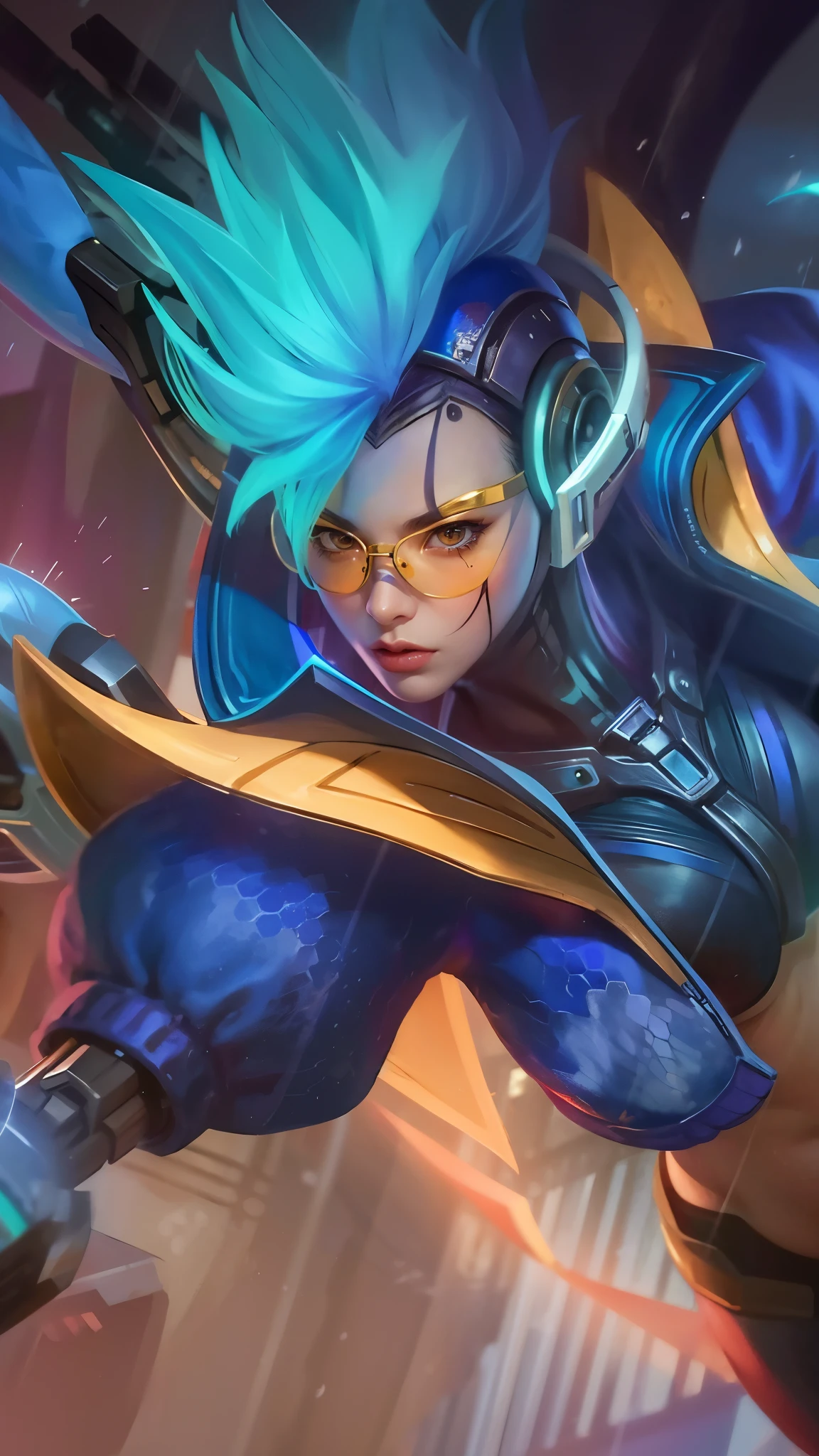 a close up of a person with a blue hair and a helmet with glasses, extremely detailed artgerm, artgerm detailed, artgerm lau, graphic artist artgerm, qiyana, senna from league of legends, artgerm. high detail, kda, style artgerm, artgerm jsc, trending artgerm, artgerm style, 8k, ultra hd, ultra detailed texture, hyper realistic, masterpiece, detailed texture, detailed face, detailed skin, detailed lighting, (photorealistic:1.5), best quality, beautiful lighting, cinematic lighting, professional lighting, ultra highres, realistic, detailed hair, real hair, high quality, (realskin:1.5), extremely detailed, finely detail, ultra-detailed