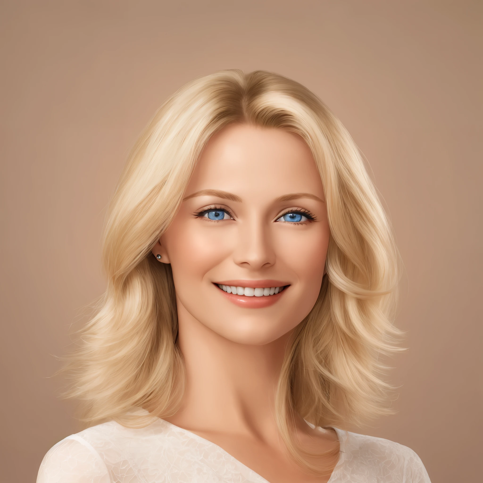elegant woman, around 30 years, blonde, With shoulder-length hair, attractive appearance, blue eyes, beautiful skin, hair loss, super realistic face, Front view, Who smiles?