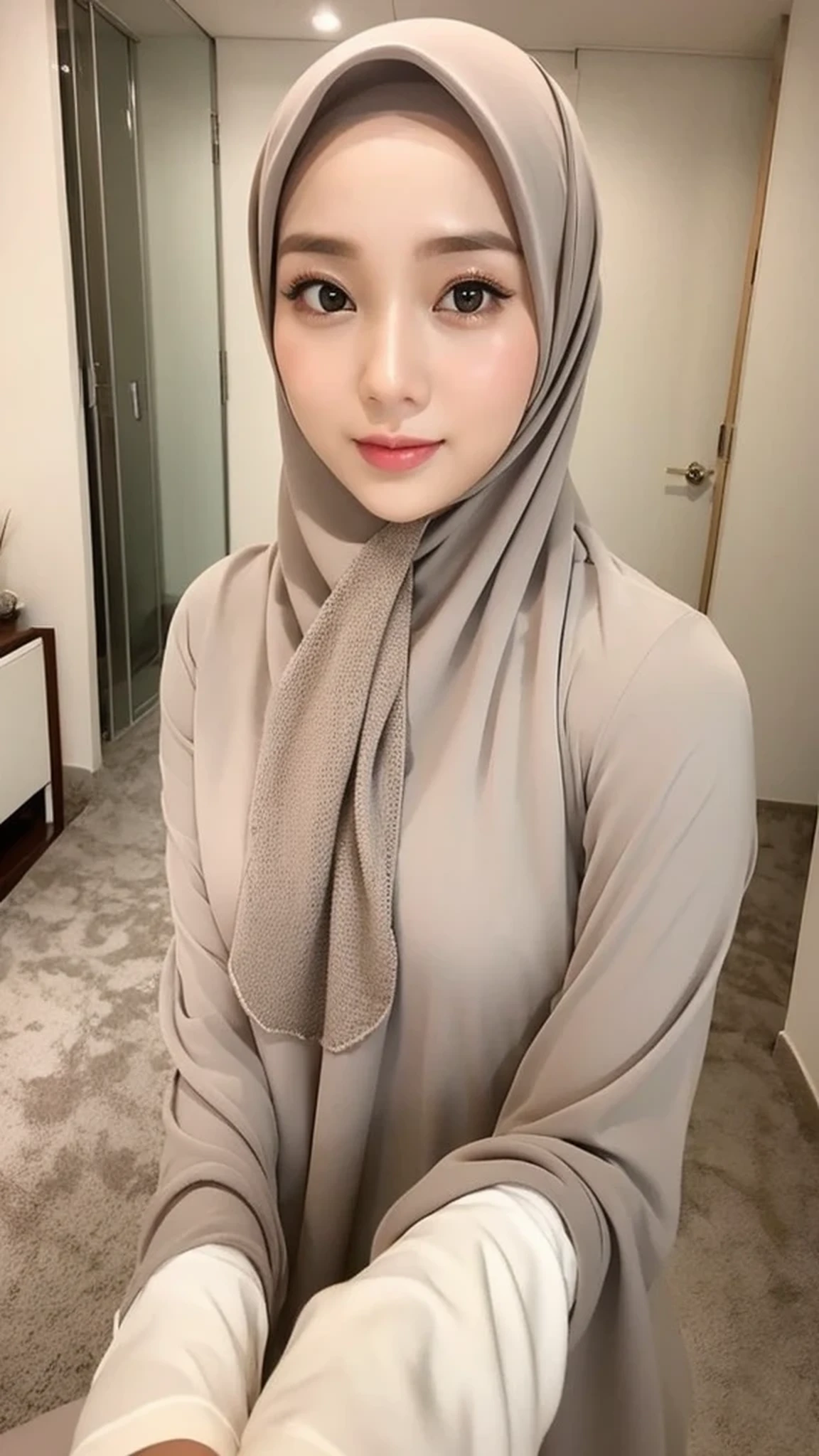 Beautuful Women、hijab, indonesian, realistic, ultra detailed face, 8K, a room、selfee、White Room、The face is cute、Vanrak Ayyans appears. beautiful、alone