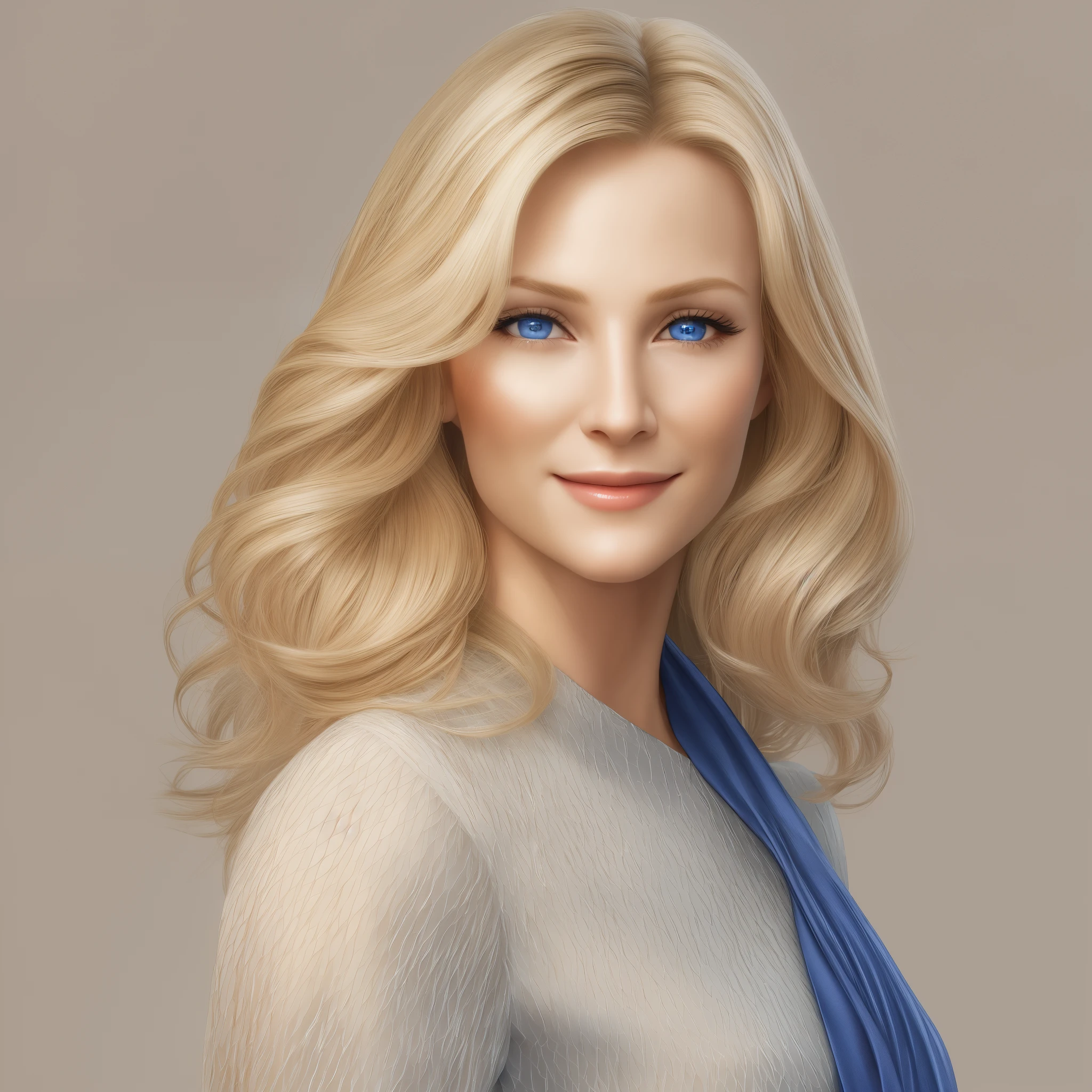 elegant woman, around 30 years, blonde, With shoulder-length hair, attractive appearance, blue eyes, beautiful skin, hair loss, super realistic face, Front view, Who smiles?
