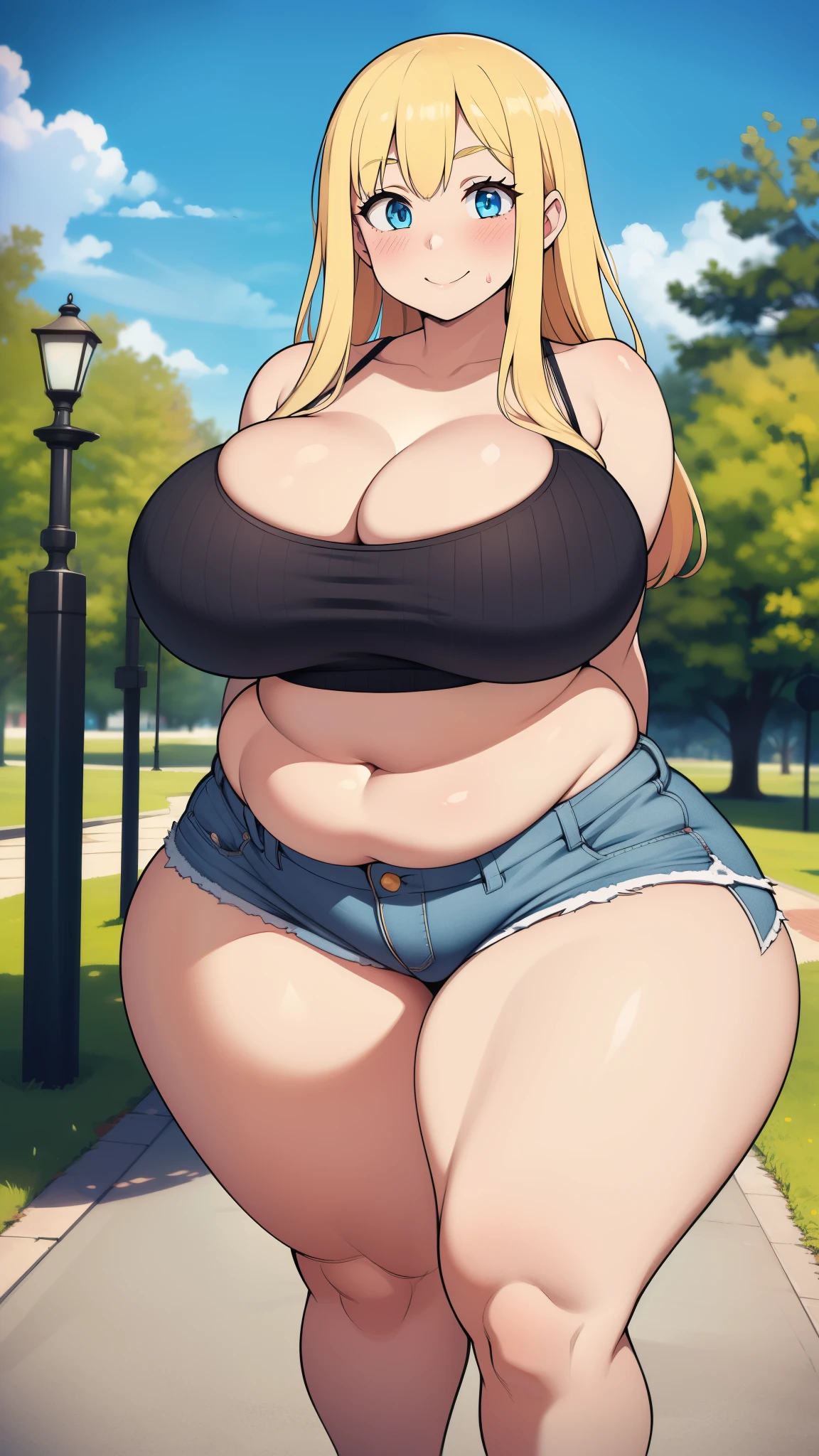 ((highres)), Masterpiece, high quality, best quality, beautiful, perfect lighting, detailed face, ultra cute face, ((1girl)), ((solo), long fluffy blonde hair, blue eyes, ((blush)), seductive smile, looking at viewer, arms behind back, standing in a park, (park), daytime, crop top, shorts, ((thick thighs)), wide hips, cleavage, (large breasts), plump, 20 year old female, 