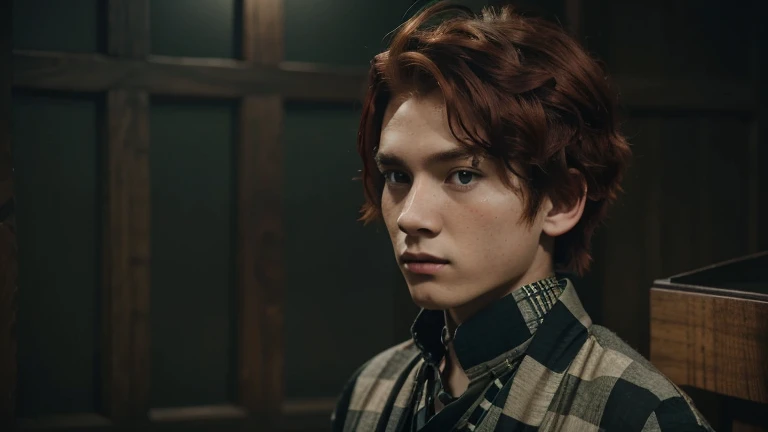 boy, with red hair, black and green checkerboard kimono, brown button up undershirt, wooden box on his back