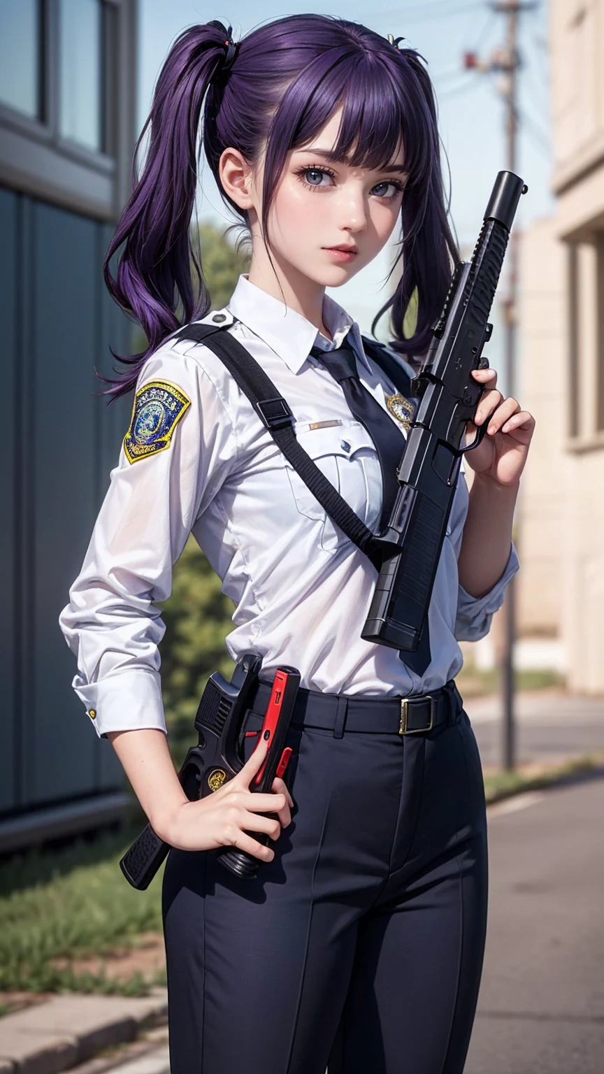 ((masterpiece)), ((highest quality)), ((High resolution)), 1 girl, alone, police officer, (matching pants, slacks), urban background, (Aim with a pistol, detailed pistol, glock 22, trigger discipline), Are standing, medium hair, (purple hair, twin tails), (green eyes),