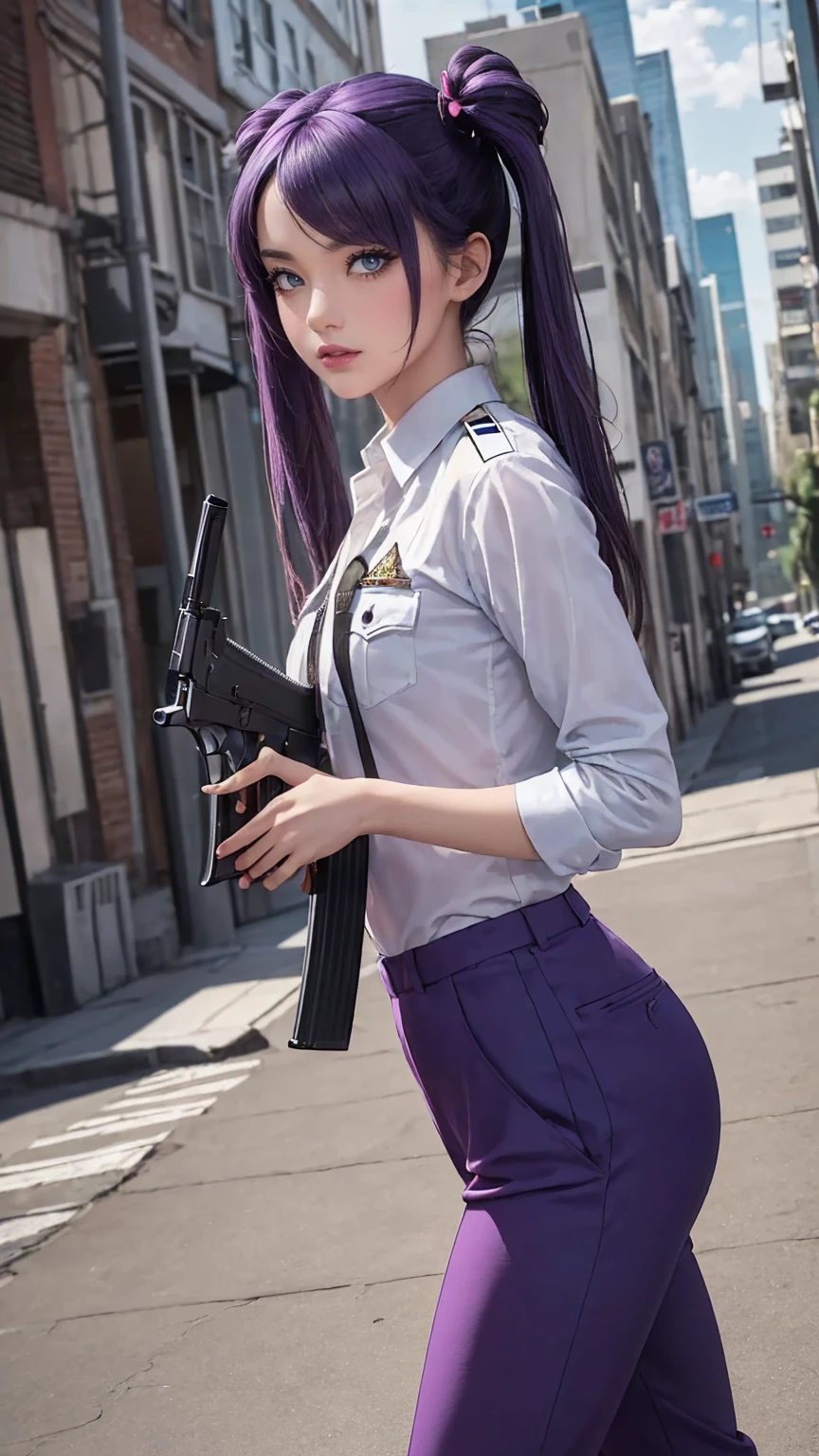 ((masterpiece)), ((highest quality)), ((High resolution)), 1 girl, alone, police officer, (matching pants, slacks), urban background, (Aim with a pistol, detailed pistol, glock 22, trigger discipline), Are standing, medium hair, (purple hair, twin tails), (green eyes),