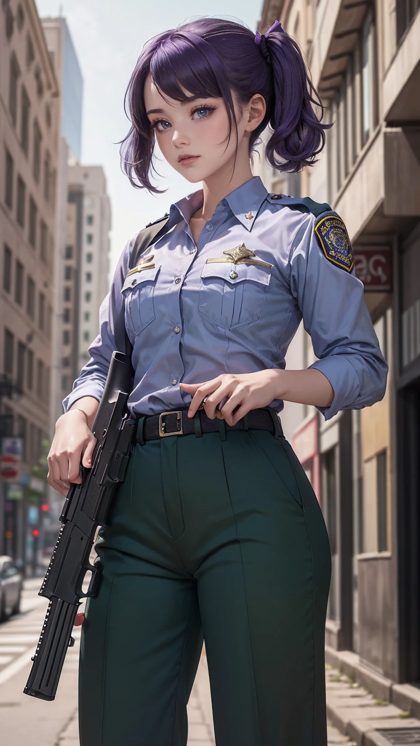 ((masterpiece)), ((highest quality)), ((High resolution)), 1 girl, alone, police officer, (matching pants, slacks), urban background, (Aim with a pistol, detailed pistol, glock 22, trigger discipline), Are standing, medium hair, (purple hair, twin tails), (green eyes),