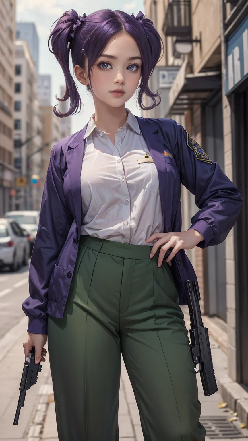 ((masterpiece)), ((highest quality)), ((High resolution)), 1 girl, alone, police officer, (matching pants, slacks), urban background, (Aim with a pistol, detailed pistol, glock 22, trigger discipline), Are standing, medium hair, (purple hair, twin tails), (green eyes),