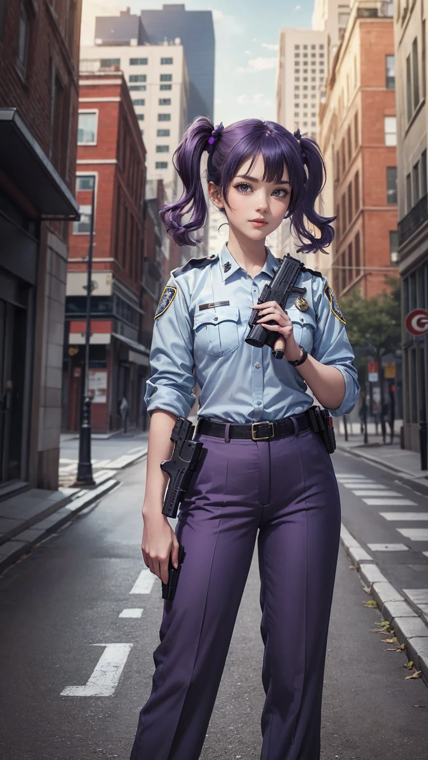 ((masterpiece)), ((highest quality)), ((High resolution)), 1 girl, alone, police officer, (matching pants, slacks), urban background, (Aim with a pistol, detailed pistol, glock 22, trigger discipline), Are standing, medium hair, (purple hair, twin tails), (green eyes),