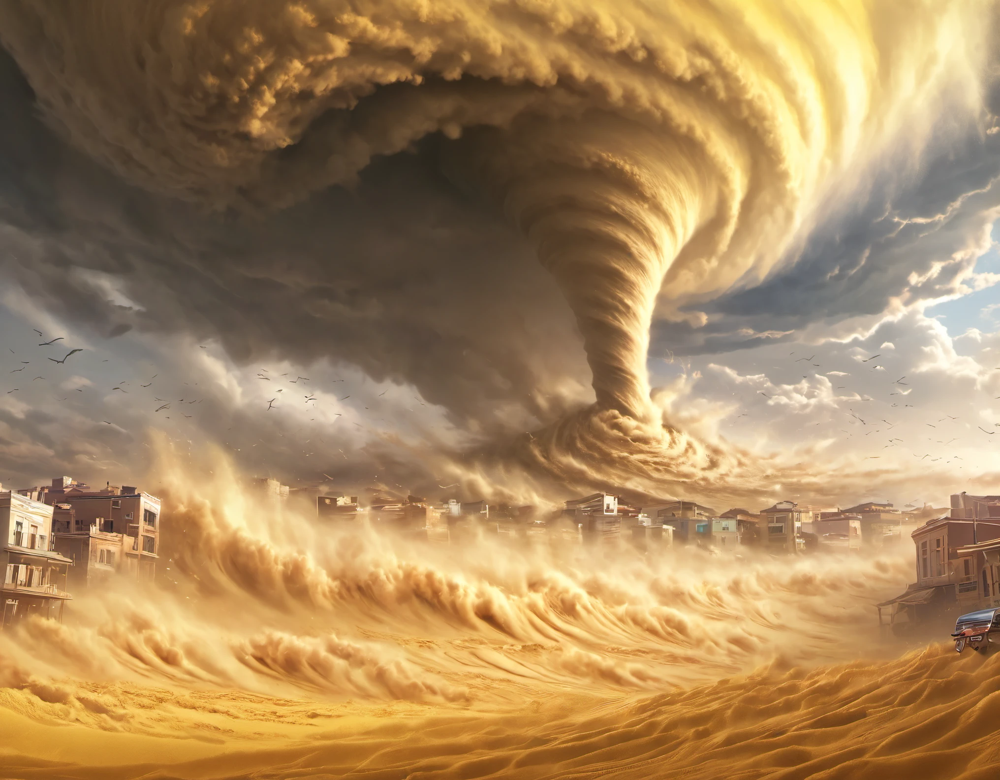 masterpiece, best quality, extremely detailed, hyperrealistic, photorealistic, city, tornado rolled up the yellow sand and covered the sky, dust effect, floating, sandstorm, tornado, strong wind, wave
