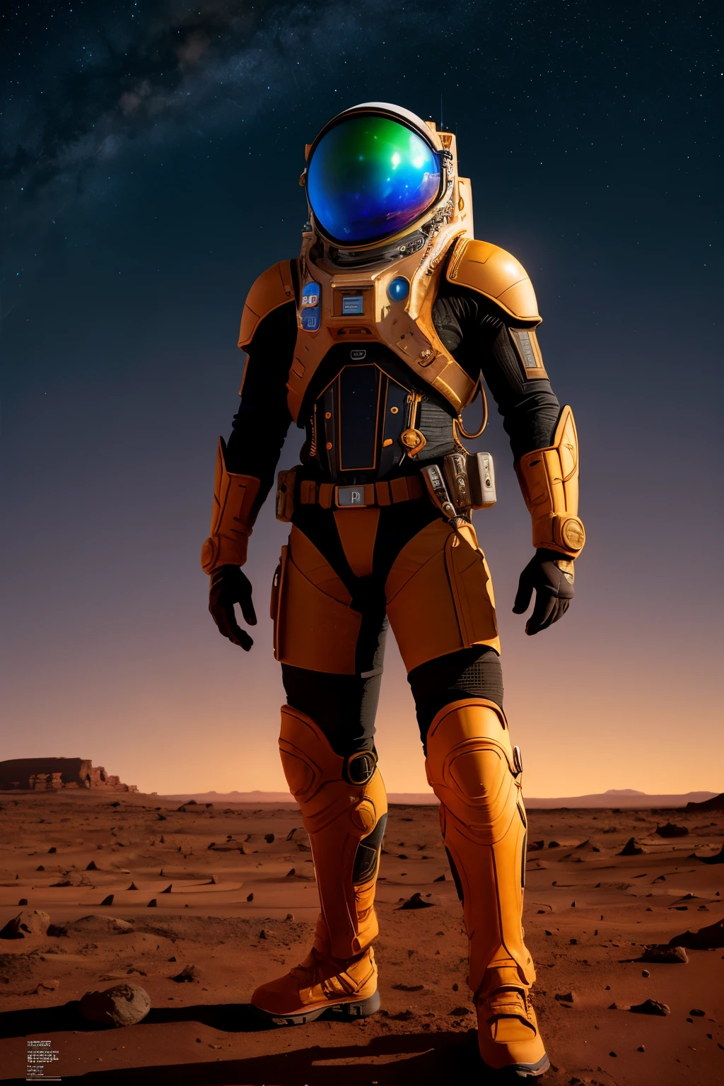 Photograph capturing the essence of the Black Lives Matter movement on Mars, featuring a stunning image of a resilient and determined individual. The subject, a 30-year-old African-American, stands tall and confident amidst the barren Martian landscape. Donning a powerful expression and draped in a symbolically meaningful outfit, they exude strength and resilience. Their dark skin, beautifully detailed with intricate textures, reflects the harsh Martian sunlight, emphasizing their unwavering spirit. The scene is bathed in a captivating cinematic lighting, casting dramatic shadows that further enhance the emotional impact. Shot with meticulous precision on a high-resolution Nikon D850 camera, using a film stock that perfectly captures the rich colors and textures of the scene, this masterpiece of hyperrealistic art stands as a