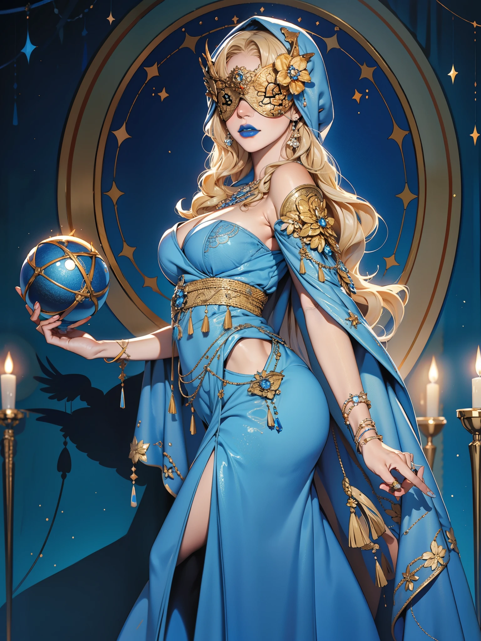 realistic:1.4, hood up:1.2, blonde hair, covered eyes:1.2, long hair, hair over shoulder, robe, blind mask:1.2, danceroutfit, light blue clothes, crystal ball, sphere, cape, blue lipstick, cleavage, 1girl, solo, (masterpiece:1.6, best quality),
