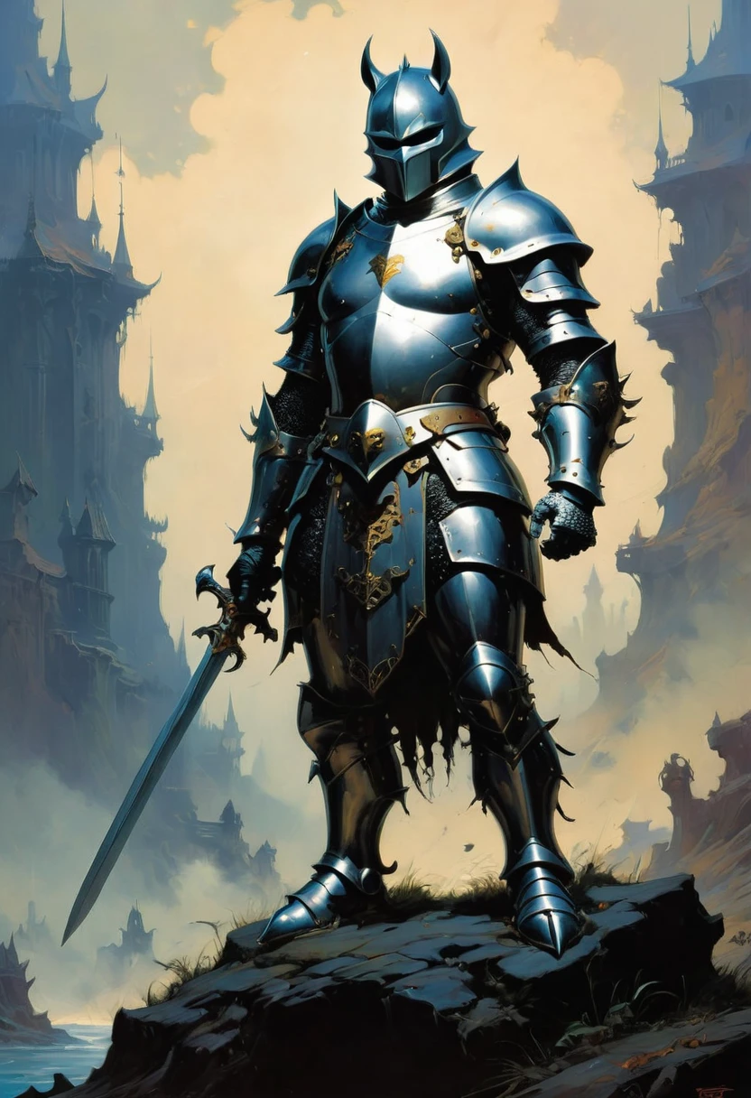 Cat Knight, by Frank Frazetta, best quality, masterpiece, very aesthetic, perfect composition, intricate details, ultra-detailed