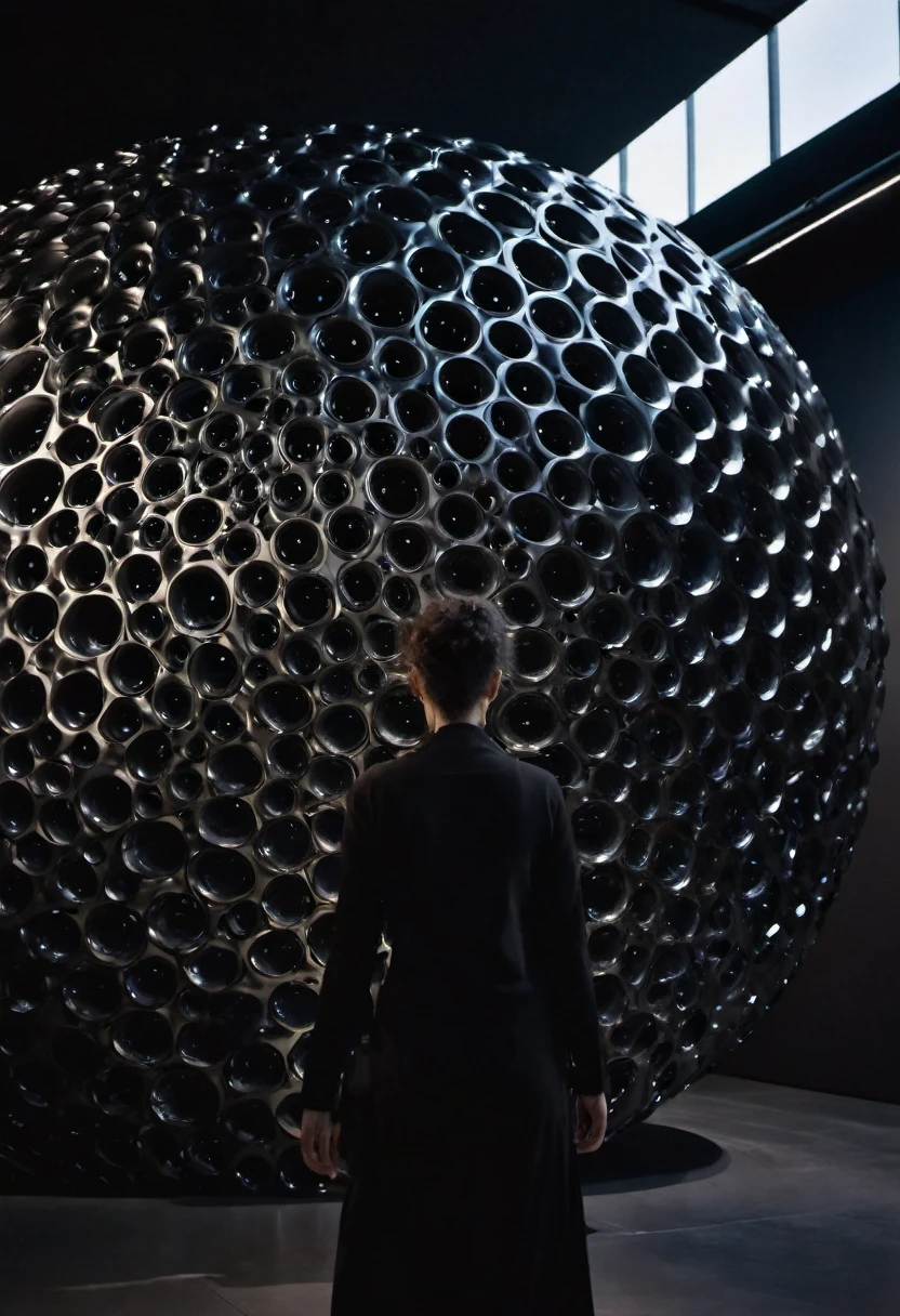 minimalist, closeup, interior, tubular installation, , Neri Oxman, strange anomalies, abstract, spatial glowing, biomimicry, tubular architecture, , inflated biomimicry,, glowing, black museum interior, charcoal clothing blurry person walking, organic slime, flesh design, realistic face, award winning perspective, raw snapshot, close up,  rim lights, dirty lens, bio studies, clear details, texture high quality, full black GEOMETRIC  background, full SACRED GEOMETRIC black museum installation,, no window, fujifilm provia 400x, massurrealism, luminous shadows, renaissance-inspired chiaroscuro, HDRI