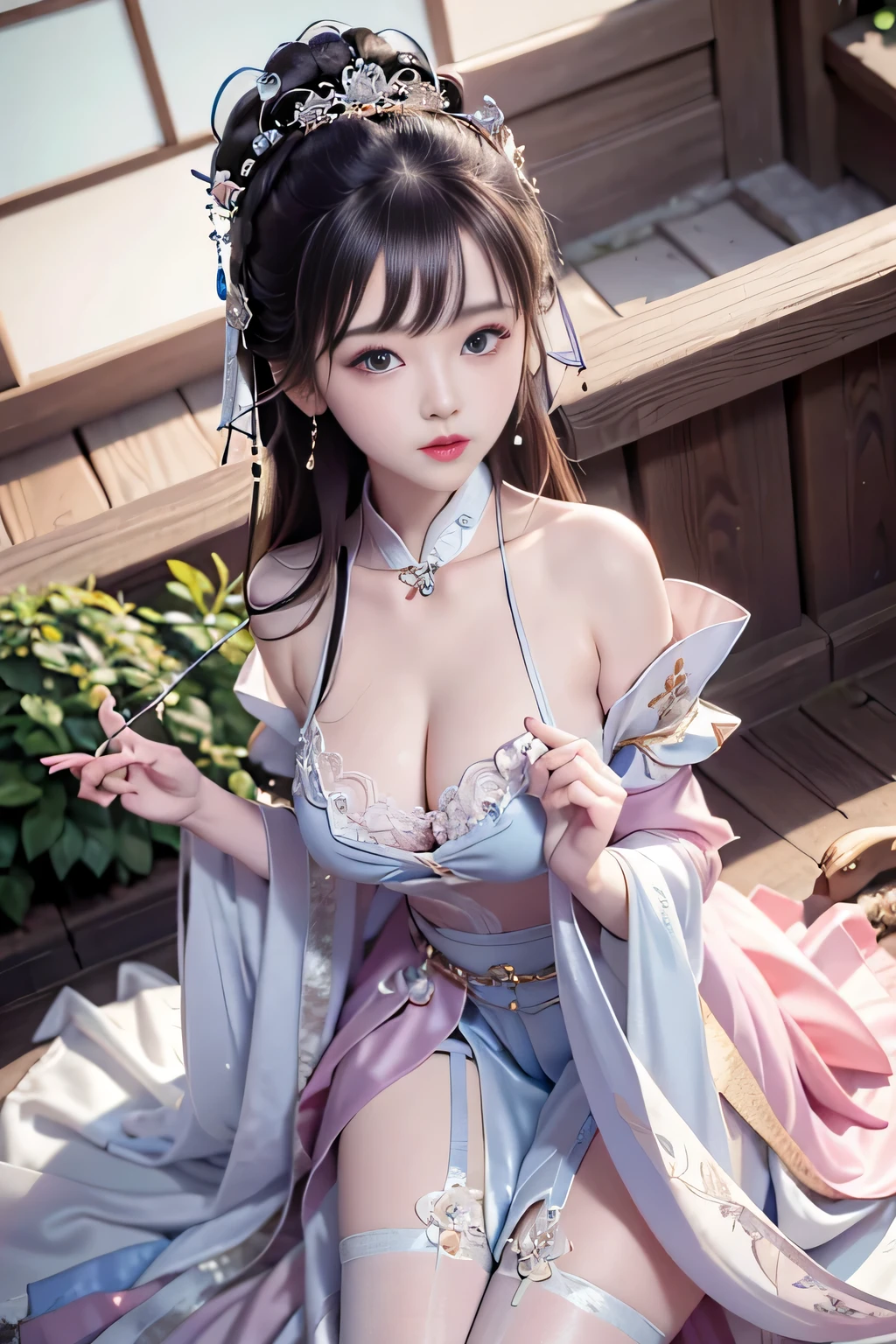 a princess 8 yeald old cute Hanfu  dynasty open V-chested clothes royal, All pictures, Wet body of thin silk fabric, Thin silk lace petticoat,princess 8 yeald old cute, (huge ，cleavage),petticoat, white pink, blue ，best qualtiy，tmasterpiece，ultra high resolution，（Realism：1.4），RAW photogr，（True skin texture：1.3），（filmgrain：1.3），（Selfie angle），1个Giant Breast Girl，Beautiful eye and face details，tmasterpiece，Best quality at best，exposing thighigchest，The chest  more exposed， detailed hair，above looking down facing at camera,short dressPrincess Eyes,Super big eyes,Detailed face,shiny pupils, dress pink (a garden,moon palace,)