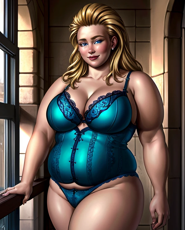 (intricately detailed, highest quality, High resolution, highly detailed skin:1.4), (motherly smile:1.1), looking at the viewer, outdoor scene, grassland, m4rytbl, (chubby woman:1.5), big breasts, blue eyes,lips, (Long blond hair slicked back:1.3), (lingerie, exposed chest,exposed shoulders, Fenestration:1.2),