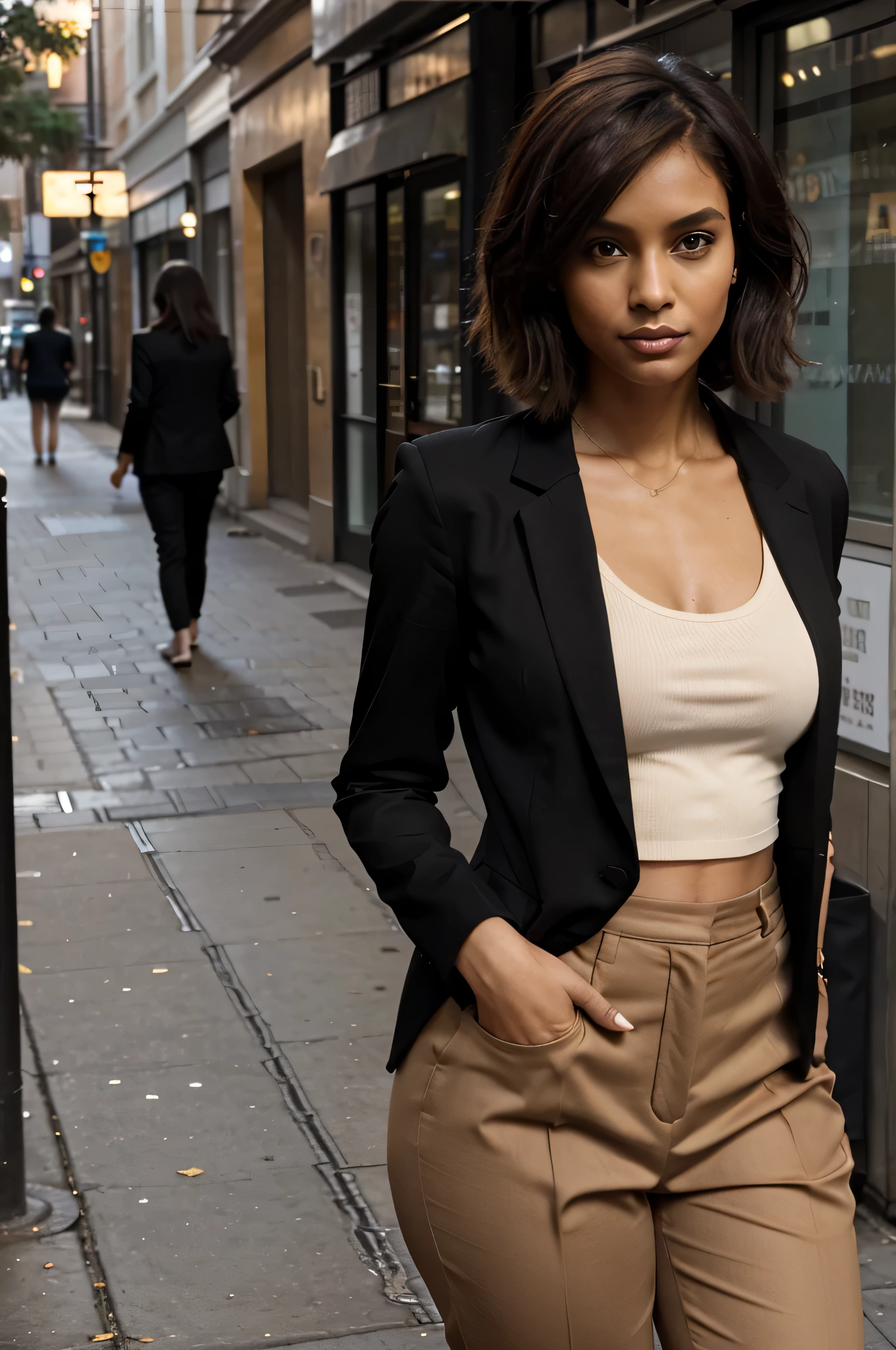 generate a thin woman, 30 years old. With short brown hair, brown skin, with a closed mouth and painted nails. Dressed in a black blazer and beige pants. That's on the street