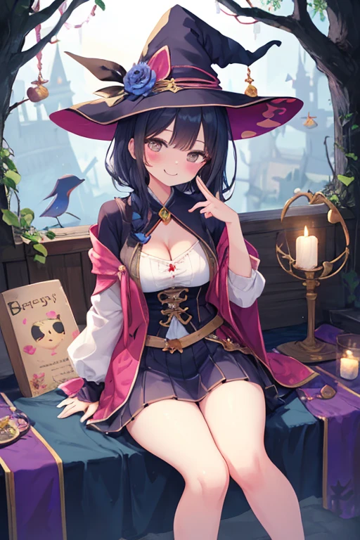 One length bob cut braided black hair,light pink magician hat,dark blue witch,Cute and pretty girl