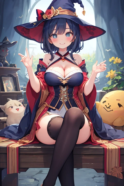 beautiful illustrations, highest quality, pretty girl,beautiful girl、clear face、 half girl、pastel colour 、smile、blush、にこやかなsmile、thighs、perfect hands、five fingers、witch、magic、fantasy、big breasts、sitting、cleavage、fantasy、dark blue hair