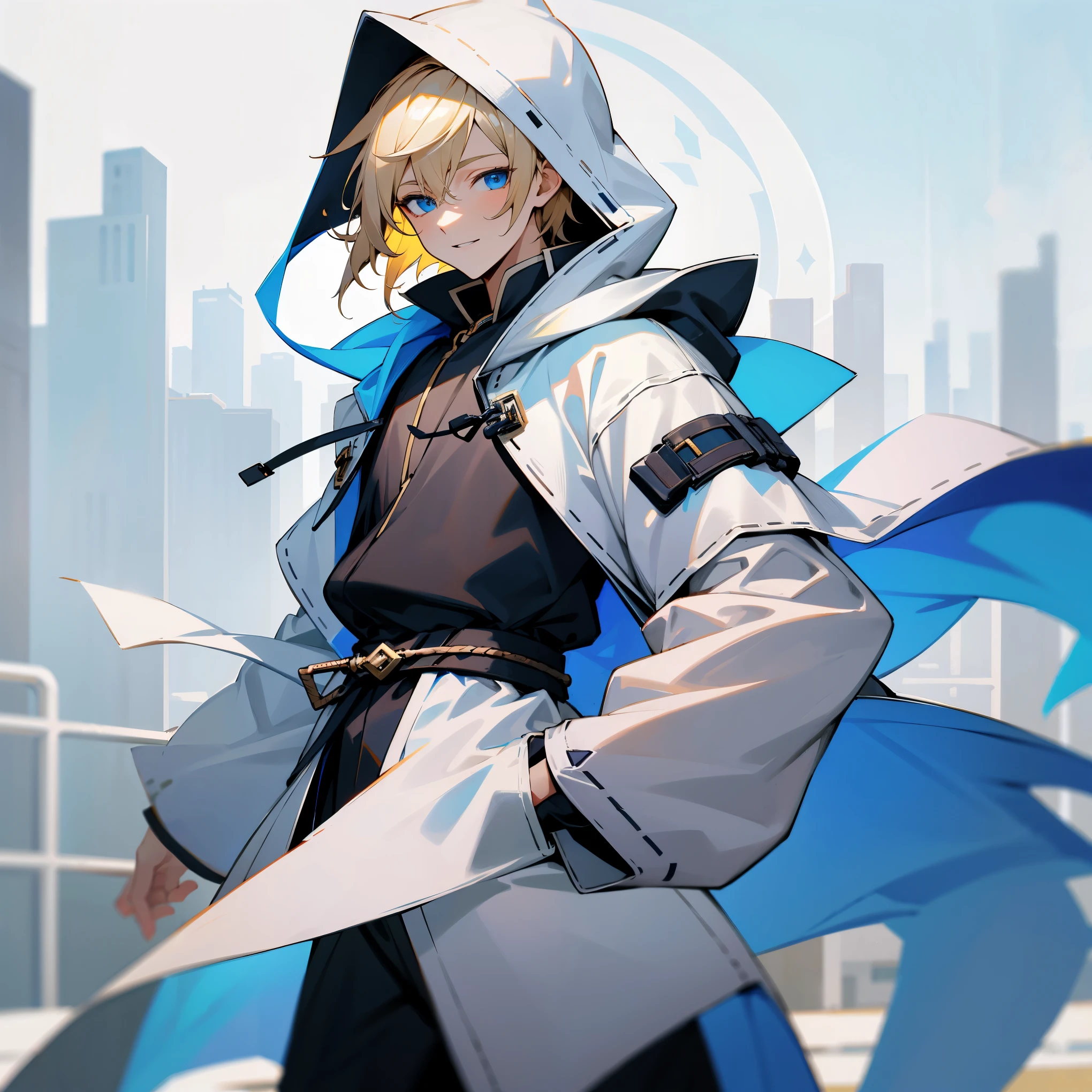 1male , White Baggy Jacket , Hood on head , Blonde Hair , Blue Eyes , Modern City Background , Young Male , Happy Expression , Sunny Day , Hands in pockets